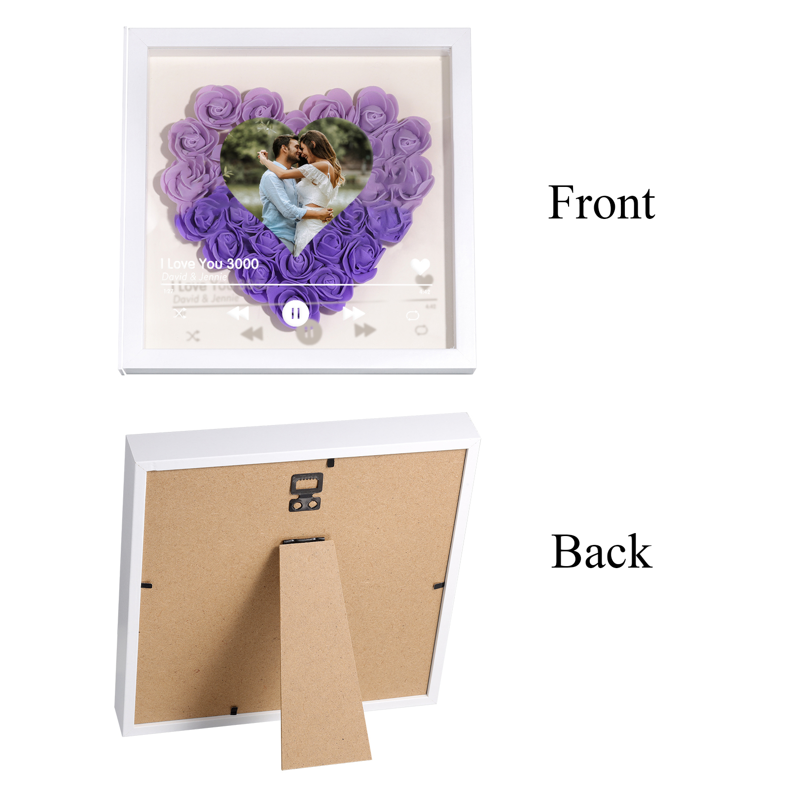 Personalised Photo Frame Heart Shaped - Custom 2 Names & 1 Photo & 1 Text with Red Rose and Couples Special Song Design Gift for Her/Him | Jessemade 
