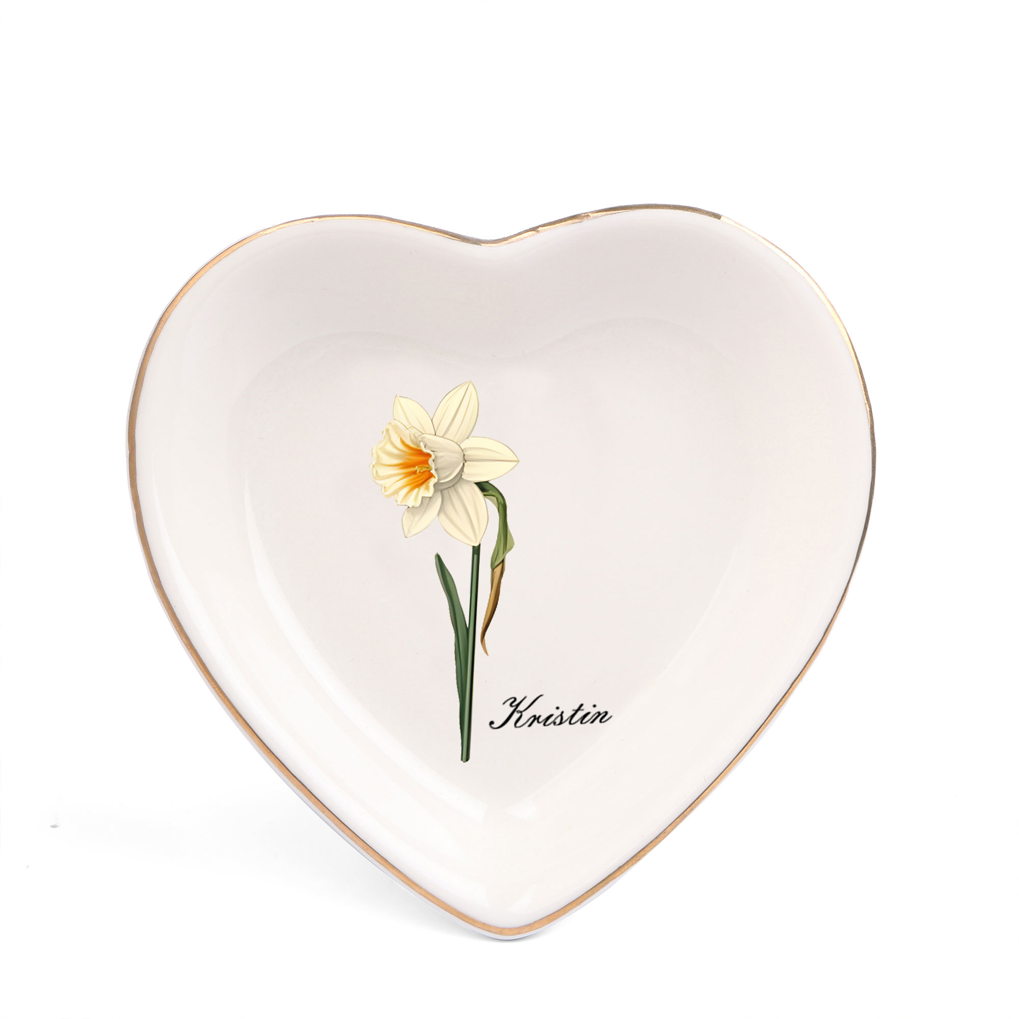 Personalized Birth Flower Jewelry Ceramic Dish custom with 1 Name & 1 Birthflower - Heart & Square Shapes | Jessemade