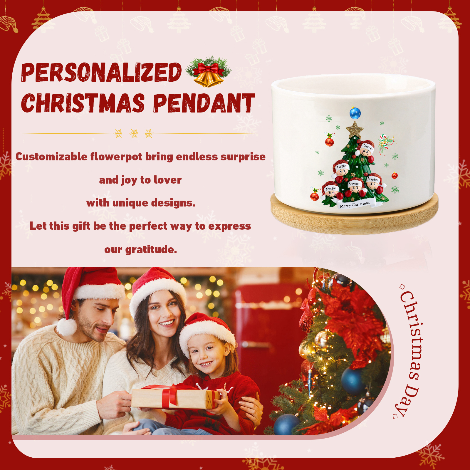Personalised Christmas Flowerpot with Custom 1-8 Names & Text – Gift Christmas for Family | Jessemade