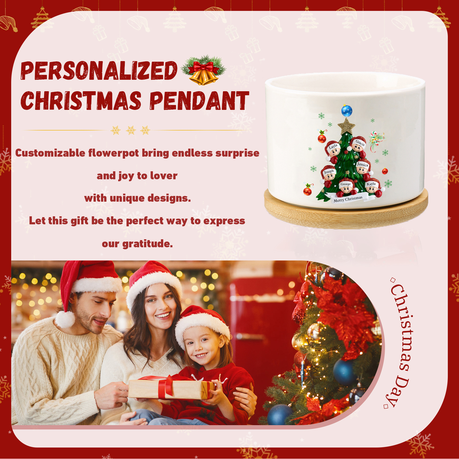 Personalised Christmas Flowerpot with Custom 1-8 Names & Text – Gift Christmas for Family | Jessemade