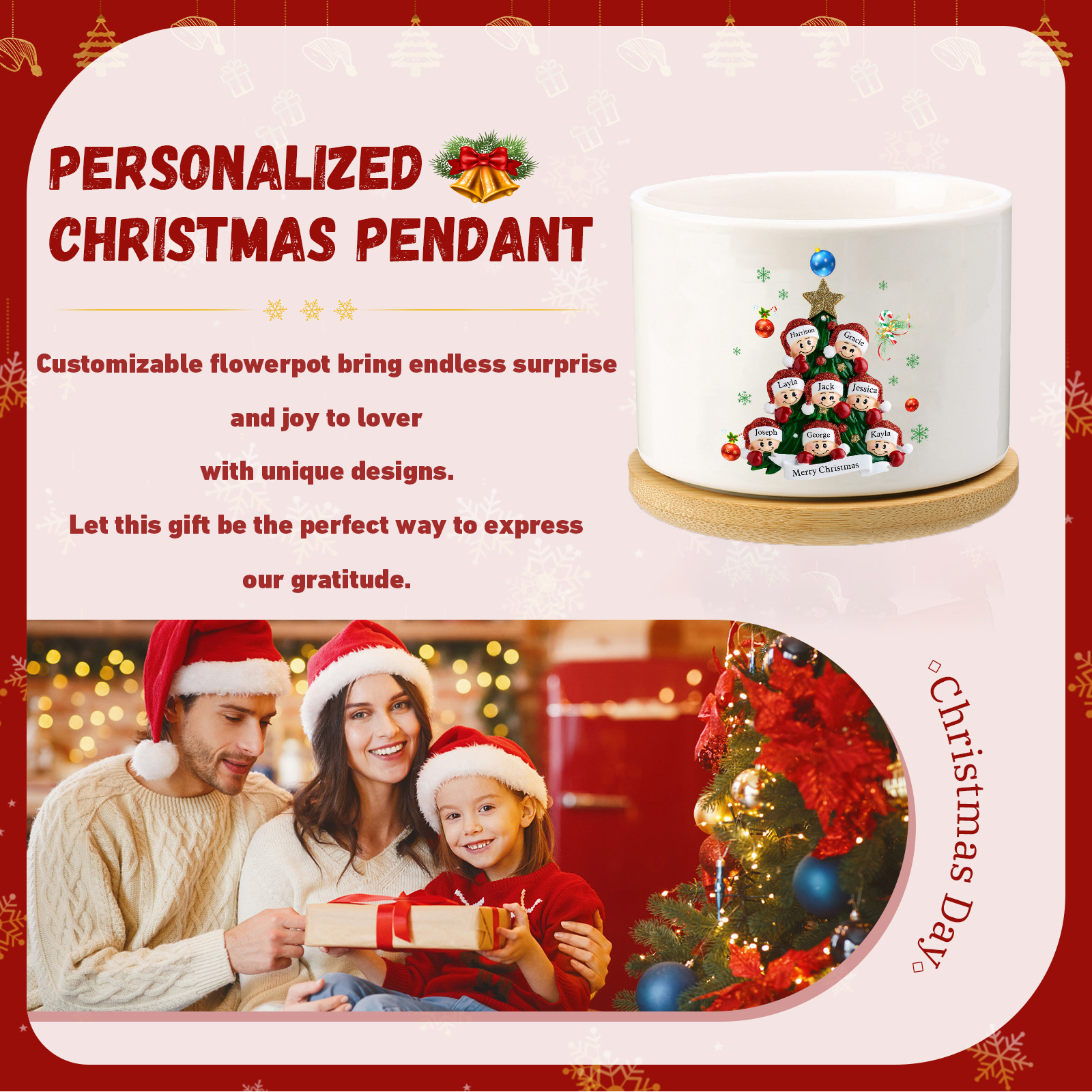 Personalised Christmas Flowerpot with Custom 1-8 Names & Text – Gift Christmas for Family | Jessemade