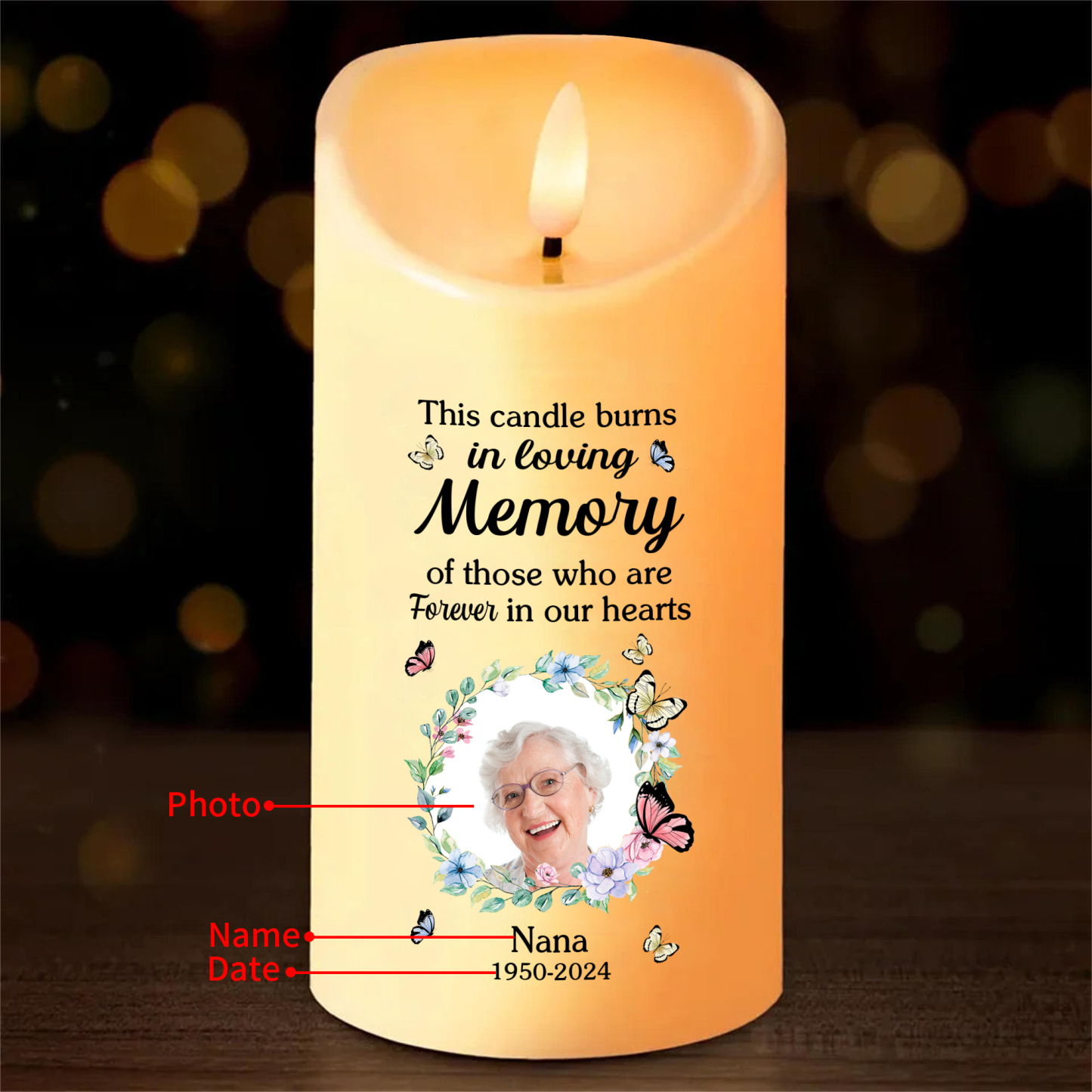 Personalised Memorial LED Candle - Custom Photo, Name, and Dates, Heartfelt Tribute Gift for Family | Jessemade