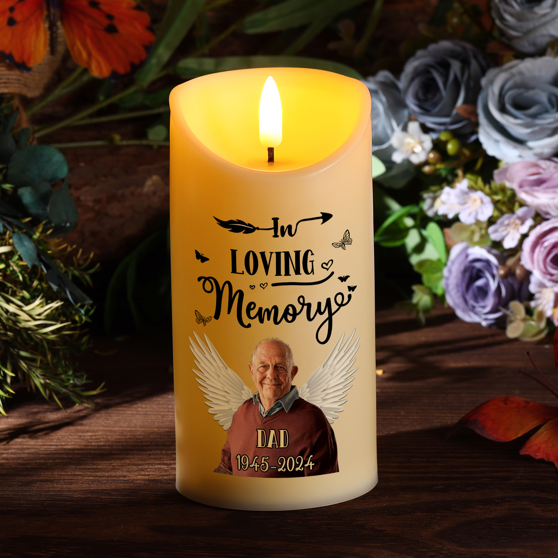 "In Memory Of" Personalised Memorial LED Candle - Custom Photo, Name & Dates Memorial Gift | Jessemade