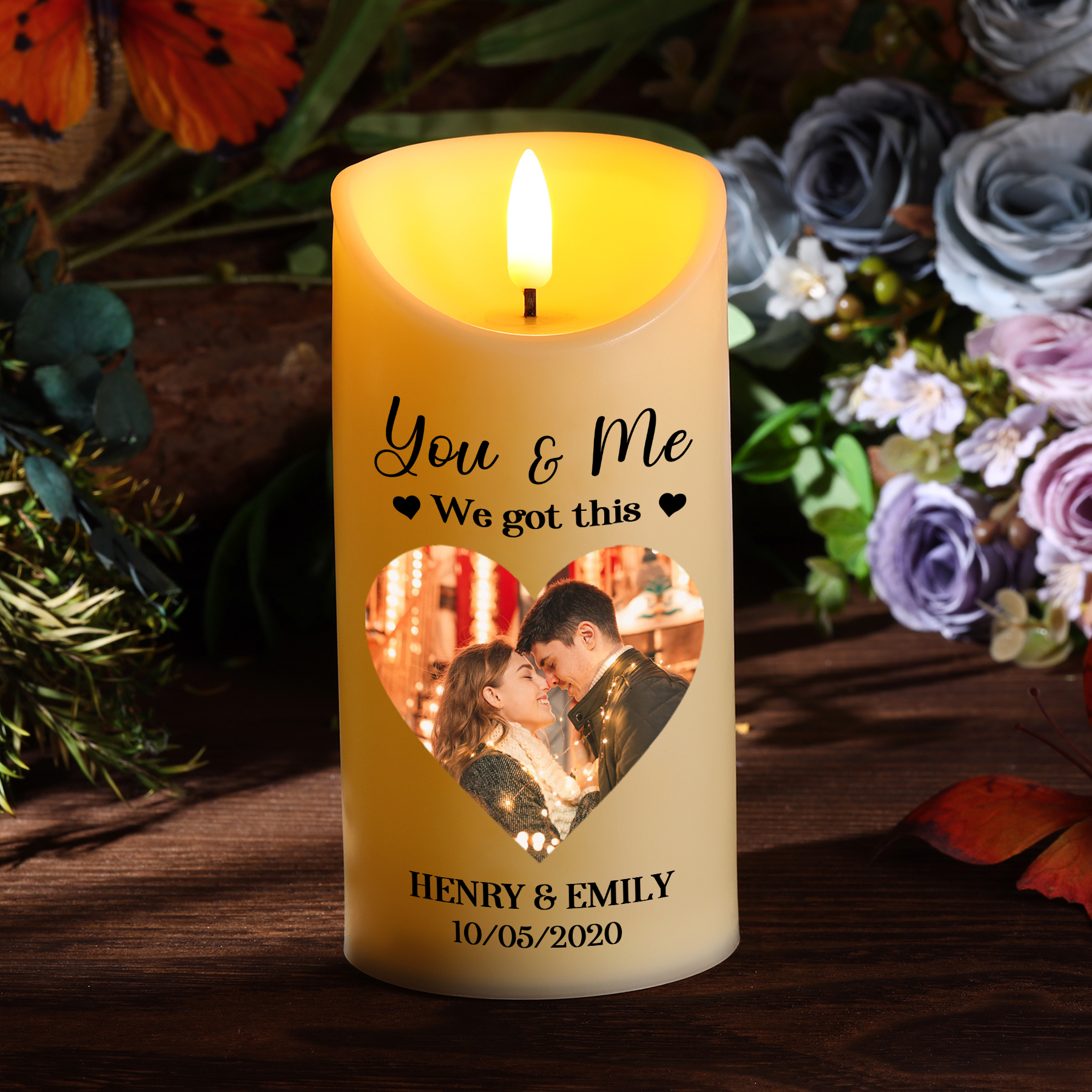 "You & Me We Got This - Personalised LED Candle with Custom Photo, 2 Names & Date Christmas Gift for Him/Her | Jessemade
