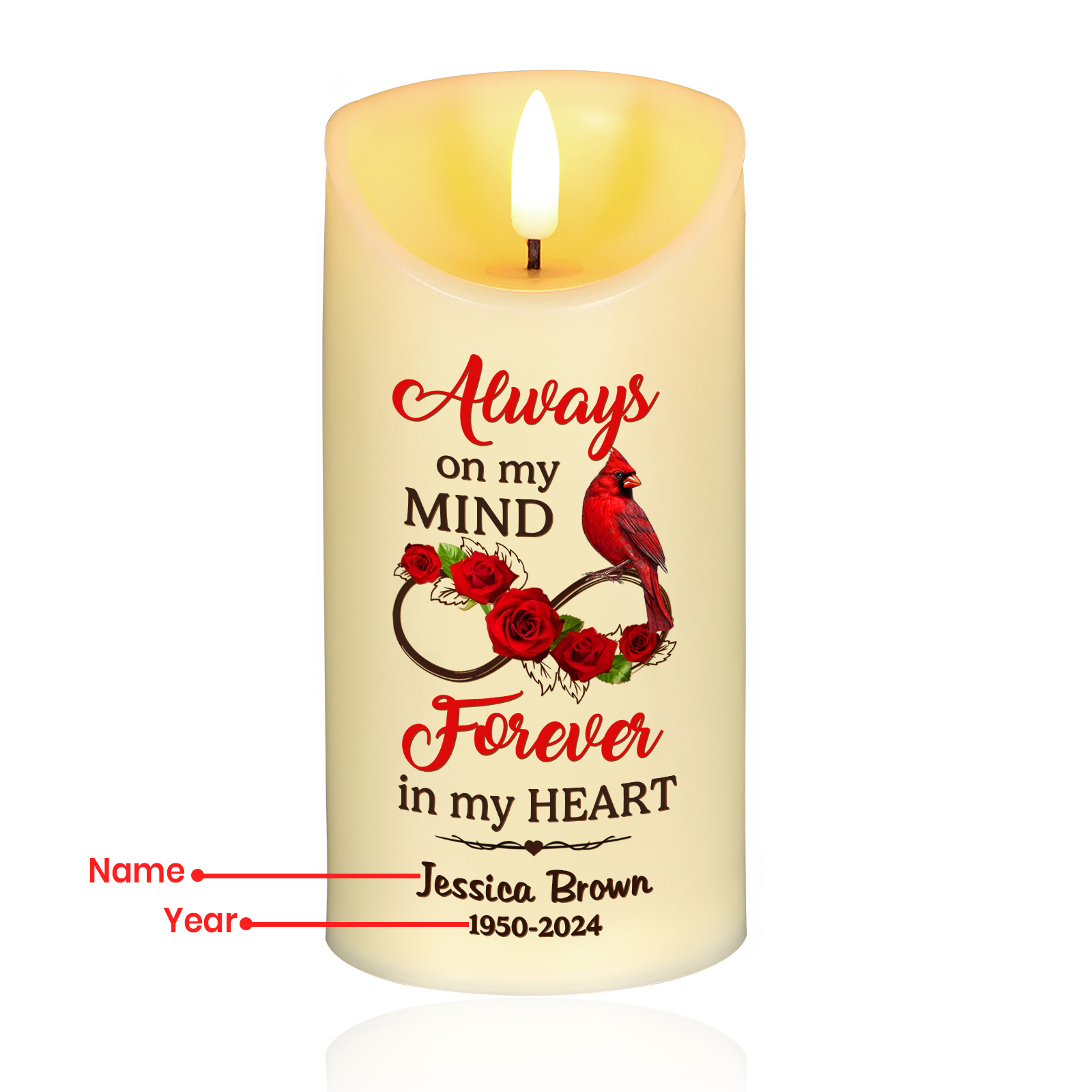 "Always on my mind" Personalised Memorial LED Candle-Custom Name & Dates Memorial Gift | Jessemade