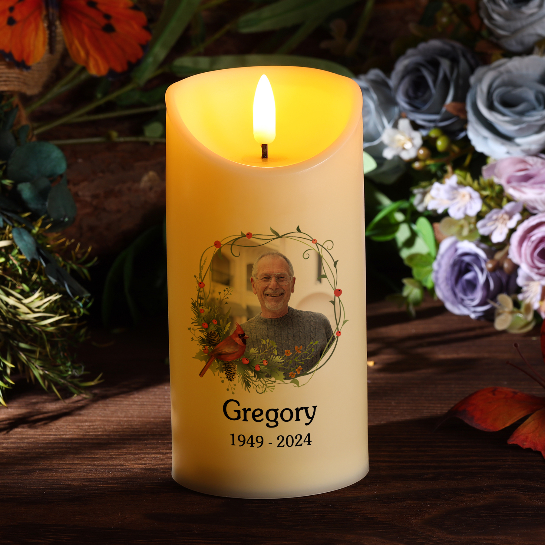 Personalised LED Memorial Candle – Custom Photo & Name & Year -This Li