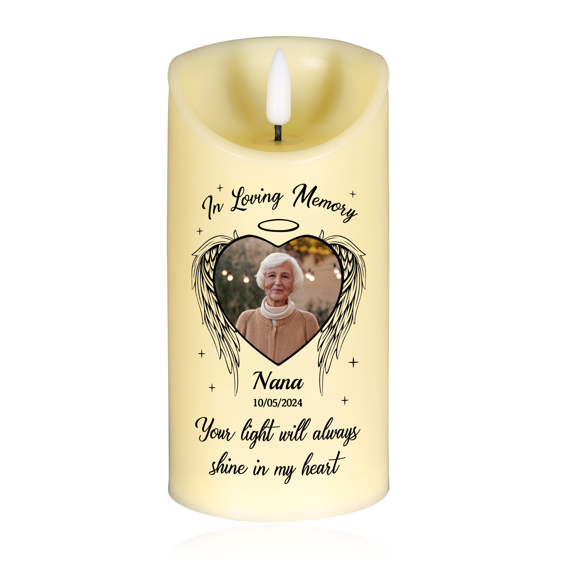 Personalized Memorial LED Angel Wings Candle - Custom Photo, Name, and Date  | Jessemade