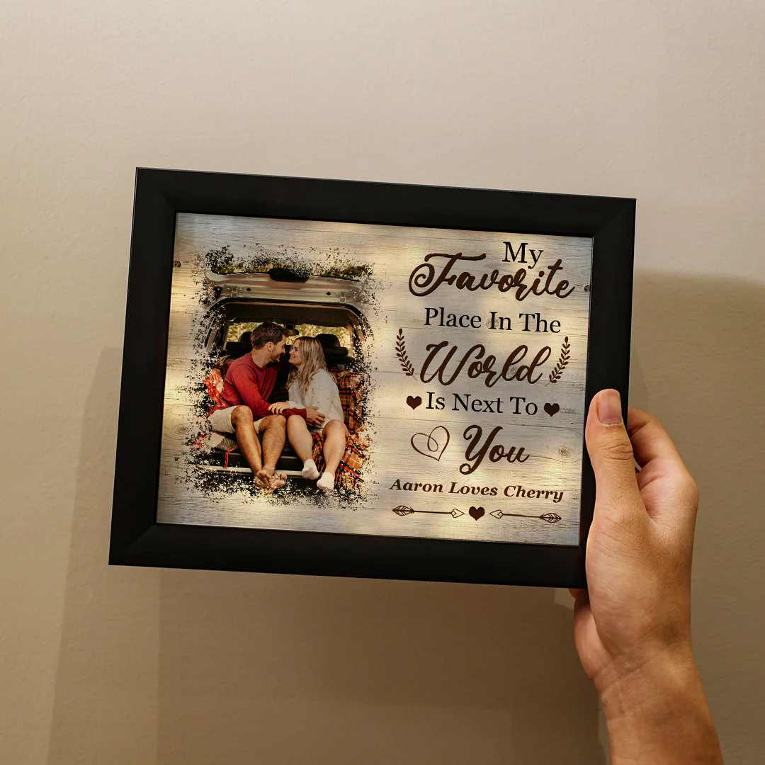 Personalised Couple Photo Frame with Custom Photos & Texts, Valentine's Day Gift for Him - My Favorite Place in the World Is Next to You | Jessemade 