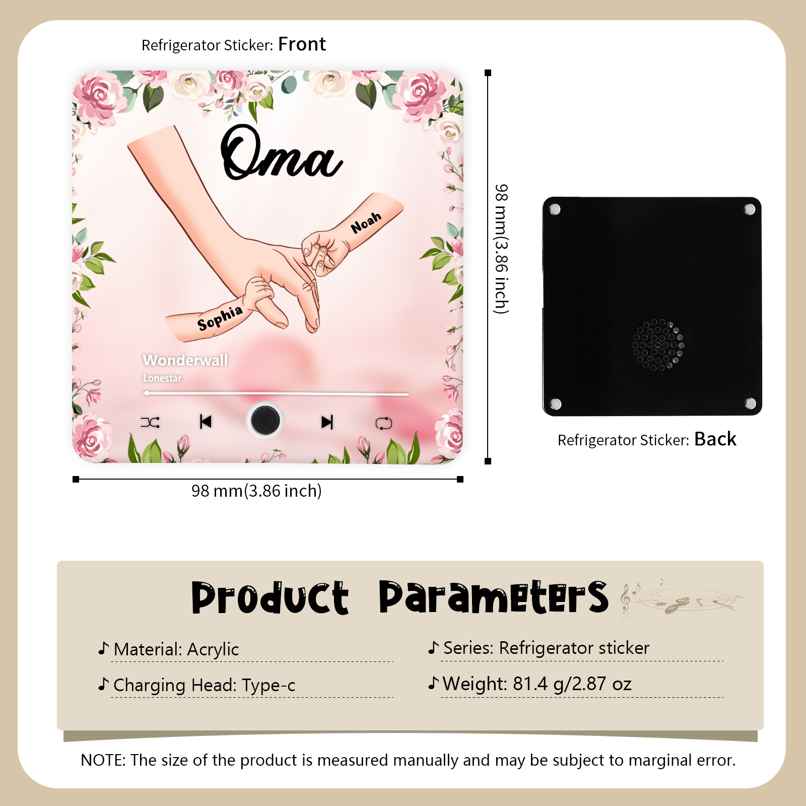 Personalised Hand-in-Hand Music Fridge Magnet Engraved 2 Names & 1 Text– Custom Special Gift For Mum/Nana/Nanny| Jessemade