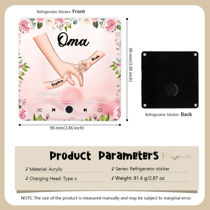 Personalised Hand-in-Hand Music Fridge Magnet Engraved 2 Names & 1 Text– Custom Special Gift For Mum/Nana/Nanny| Jessemade