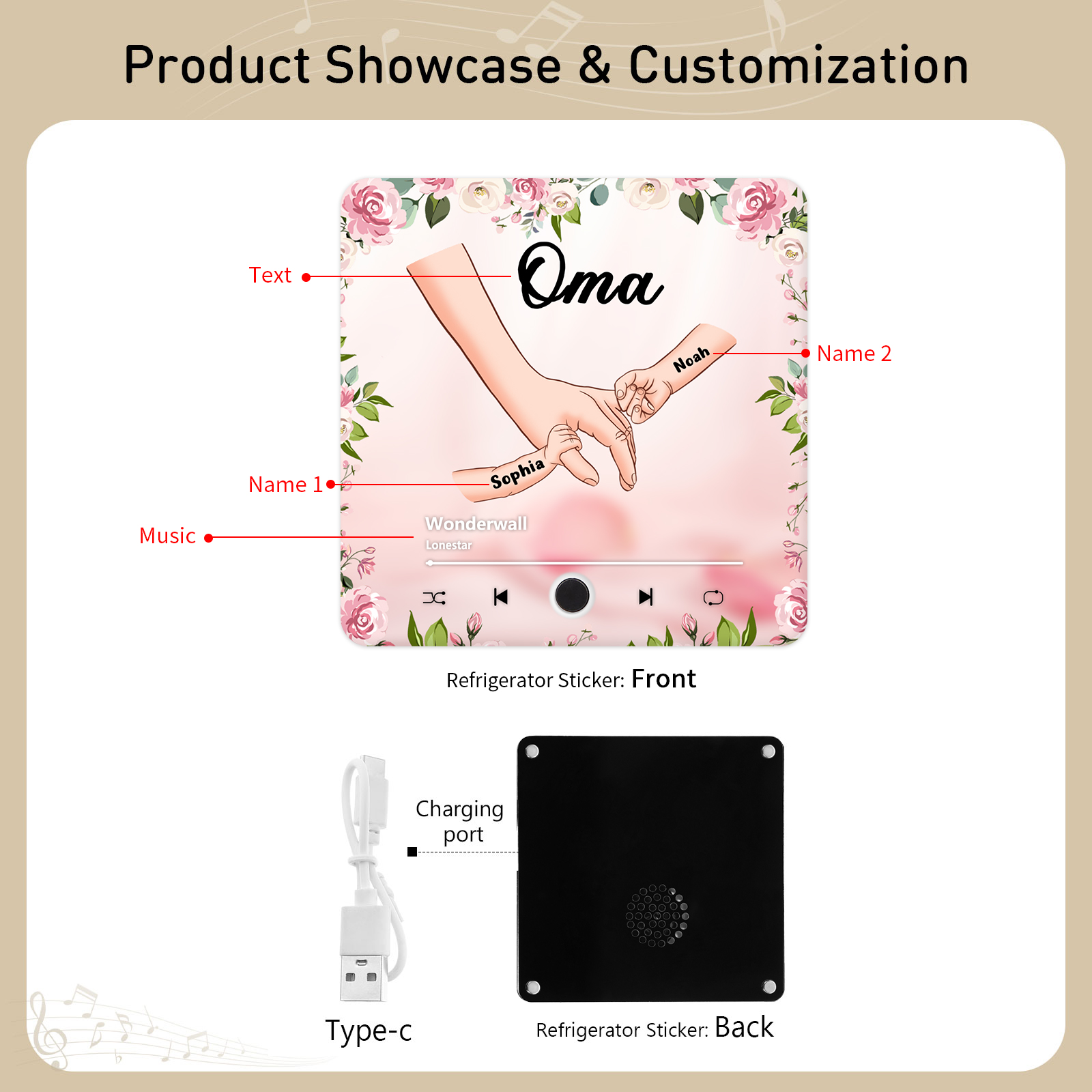 Personalised Hand-in-Hand Music Fridge Magnet Engraved 2 Names & 1 Text– Custom Special Gift For Mum/Nana/Nanny| Jessemade