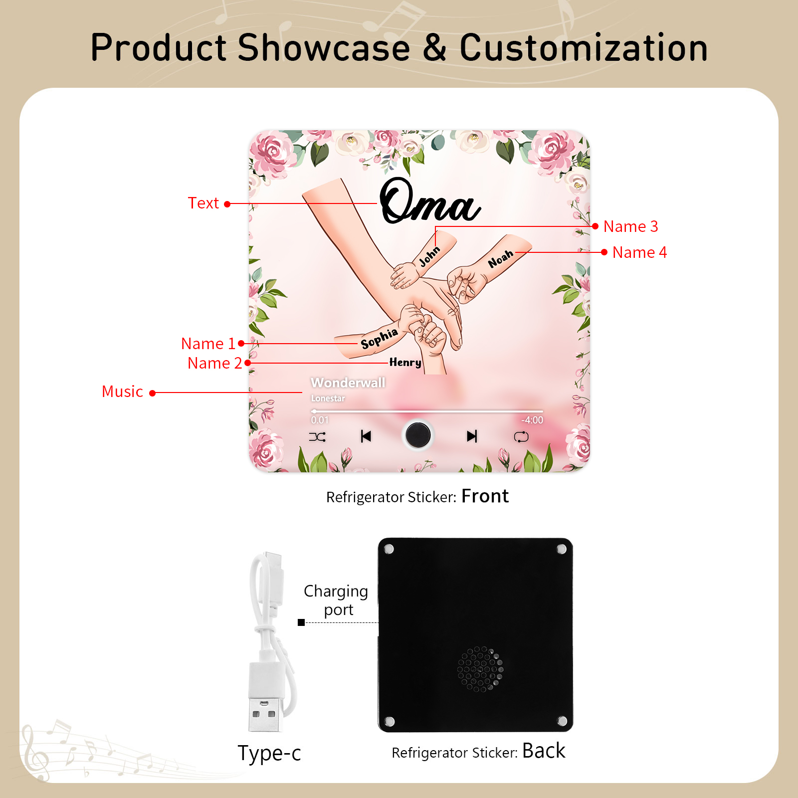 Personalised Hand-in-Hand Music Fridge Magnet Engraved 4 Names & 1 Text– Custom Special Gift For Mum/Nana/Nanny| Jessemade