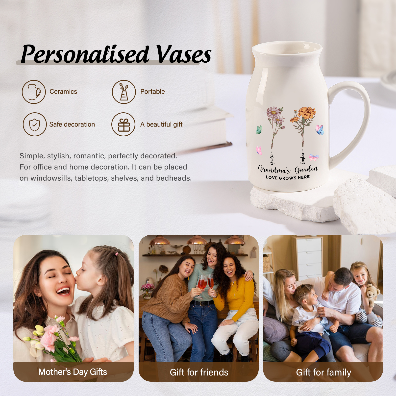 2 Names personalised Vase with Birthday Flowers – Add 2 Names 2 Texts – Ceramic Custom Gift for Mum, Grandma, Family