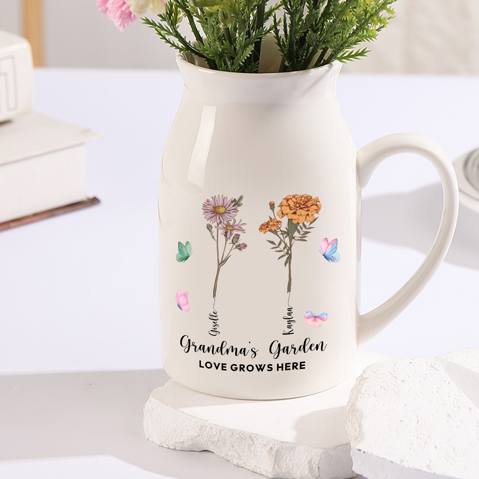 2 Names personalised Vase with Birthday Flowers – Add 2 Names 2 Texts – Ceramic Custom Gift for Mum, Grandma, Family