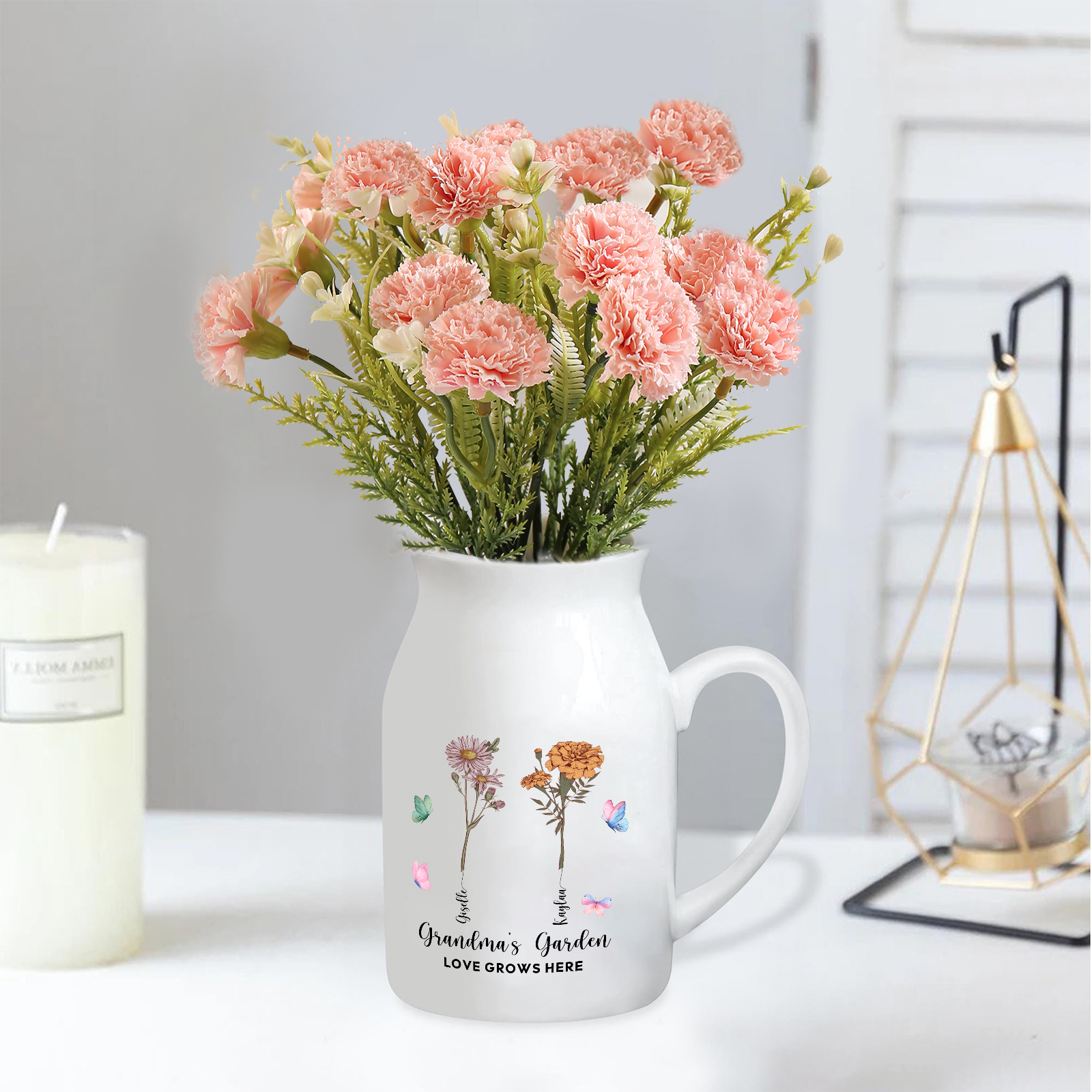 2 Names personalised Vase with Birthday Flowers – Add 2 Names 2 Texts – Ceramic Custom Gift for Mum, Grandma, Family