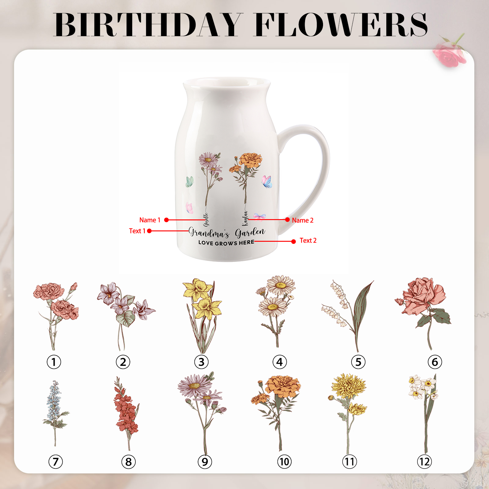 2 Names personalised Vase with Birthday Flowers – Add 2 Names 2 Texts – Ceramic Custom Gift for Mum, Grandma, Family