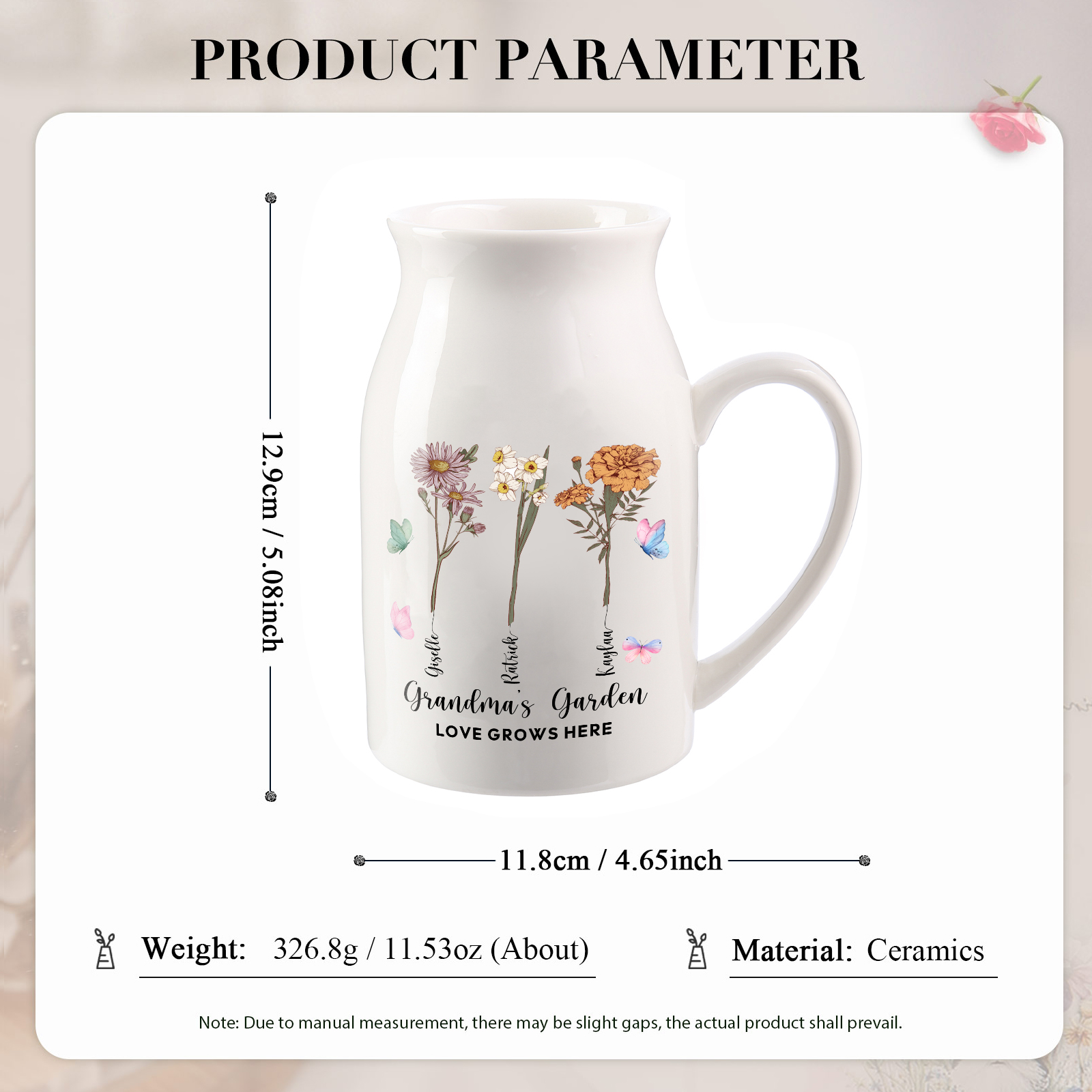 3 Names personalised Vase with Birthday Flowers – Add 3 Names 2 Texts – Ceramic Custom Gift for Mum, Grandma, Family