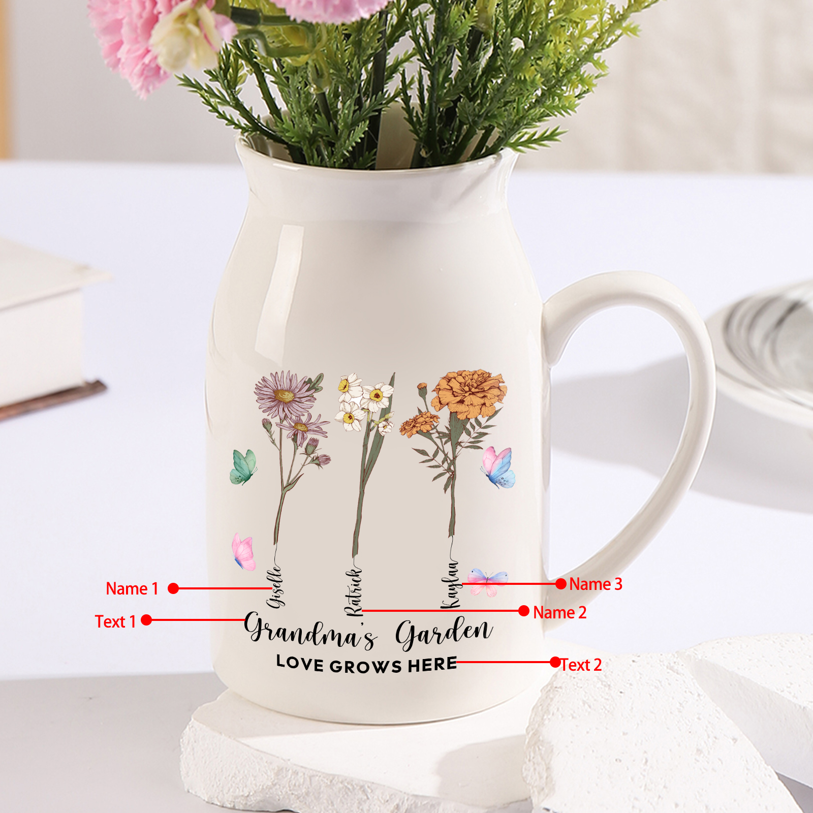 3 Names personalised Vase with Birthday Flowers – Add 3 Names 2 Texts – Ceramic Custom Gift for Mum, Grandma, Family