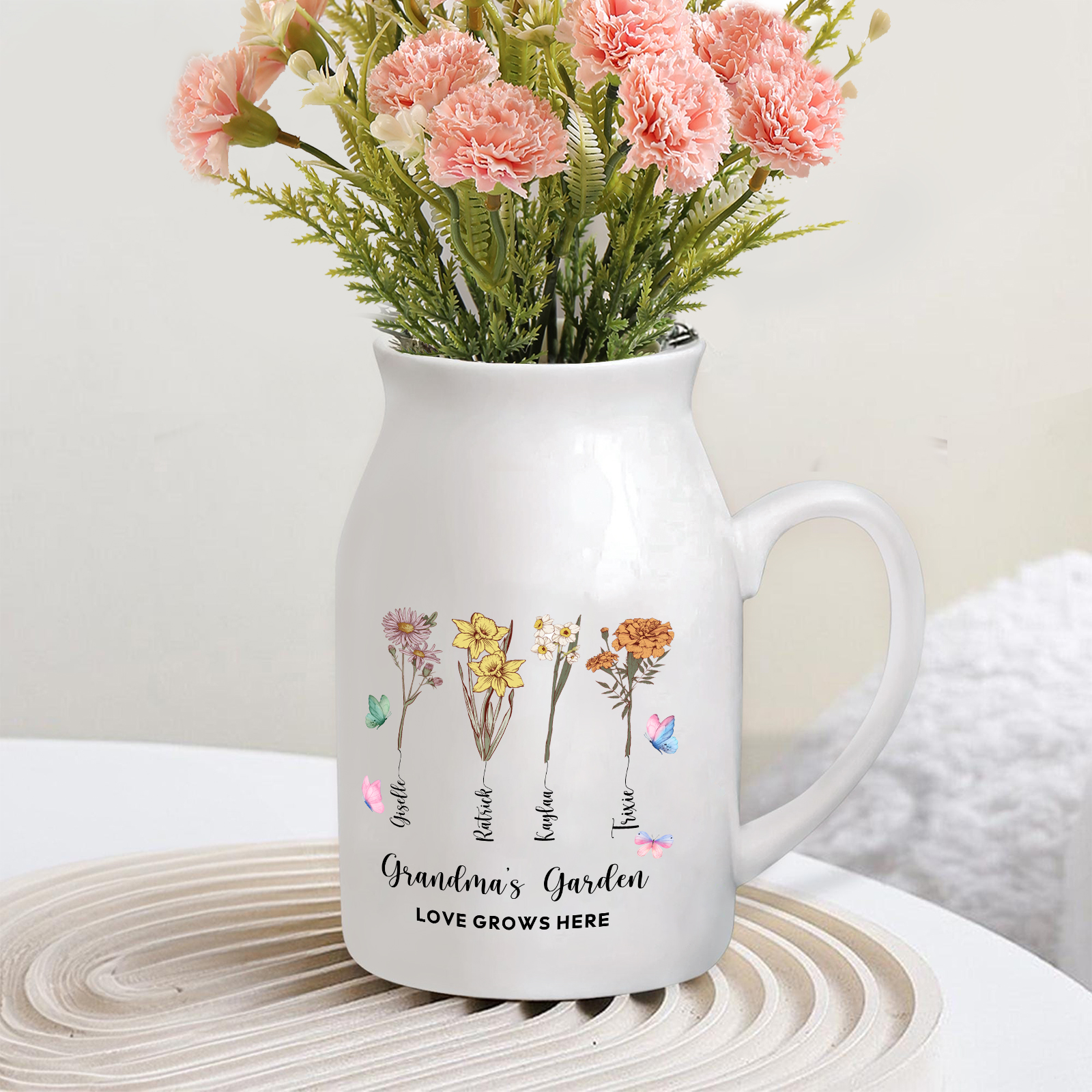 4 Names personalised Vase with Birthday Flowers – Add 4 Names 2 Texts – Ceramic Custom Gift for Mum, Grandma, Family
