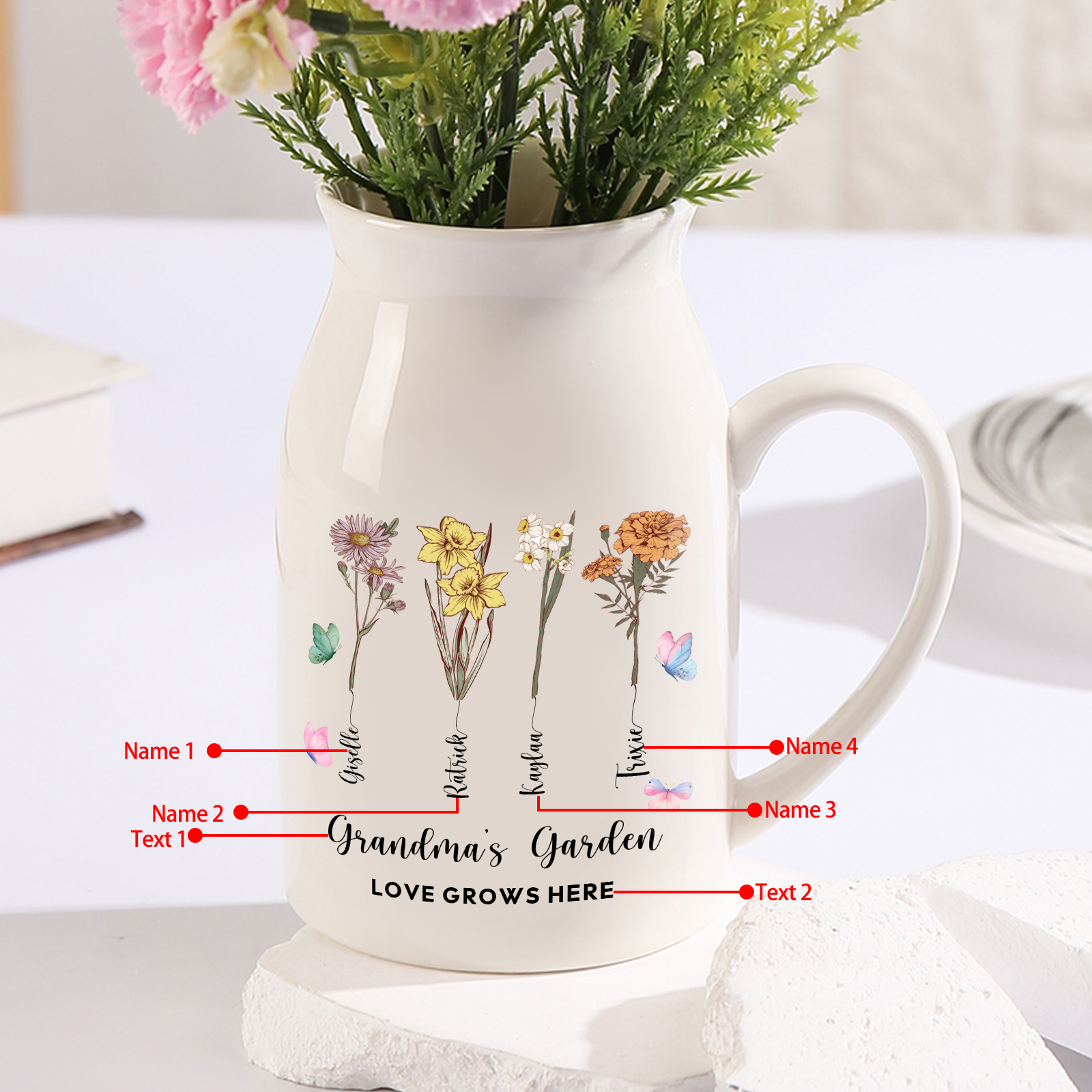 4 Names personalised Vase with Birthday Flowers – Add 4 Names 2 Texts – Ceramic Custom Gift for Mum, Grandma, Family