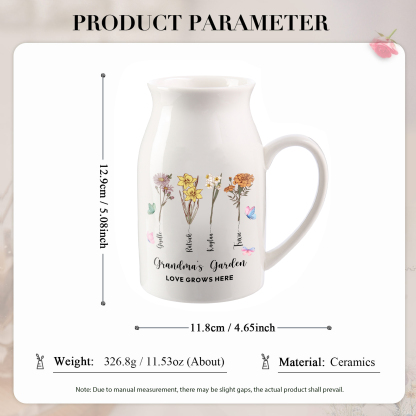 4 Names personalised Vase with Birthday Flowers – Add 4 Names 2 Texts – Ceramic Custom Gift for Mum, Grandma, Family