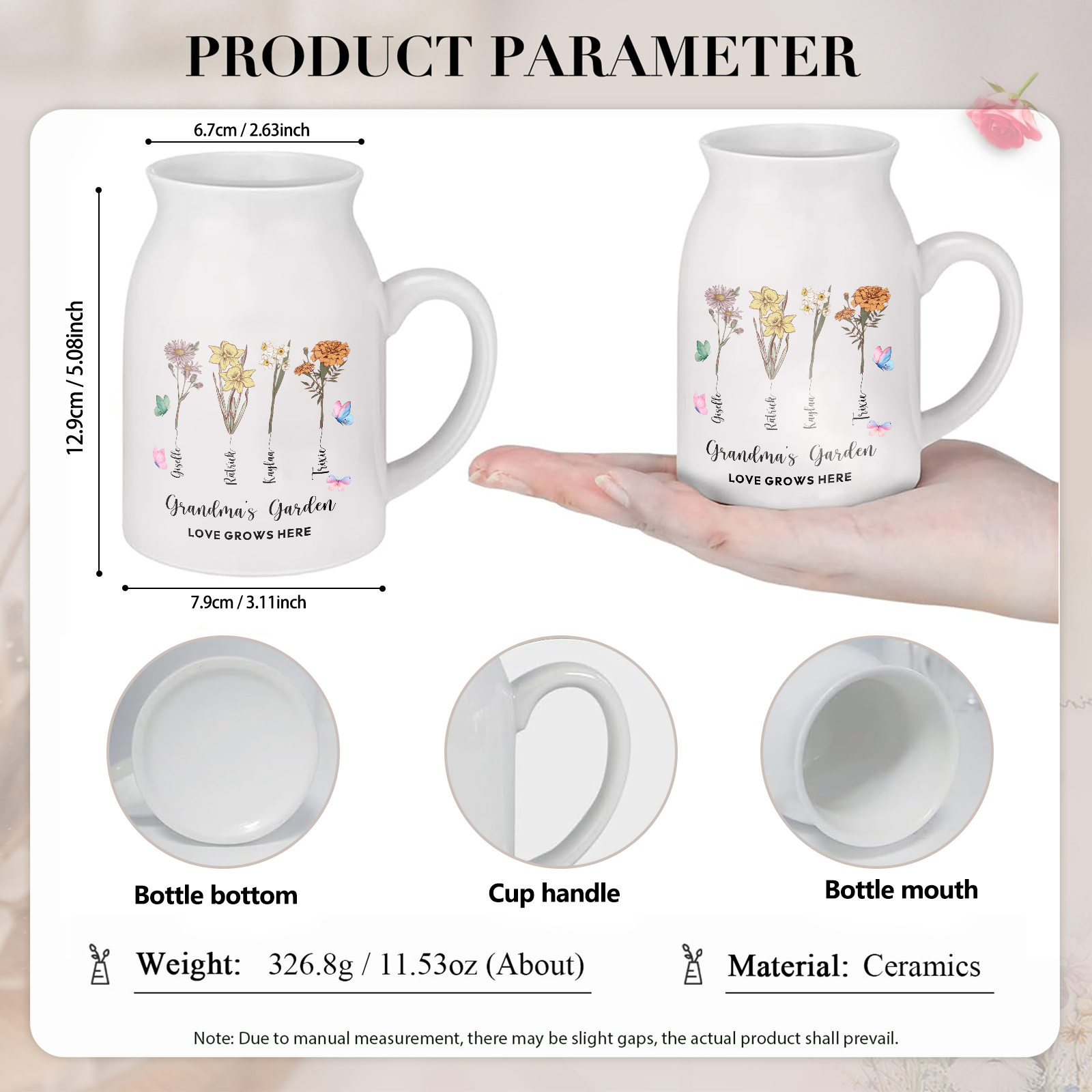 4 Names personalised Vase with Birthday Flowers – Add 4 Names 2 Texts – Ceramic Custom Gift for Mum, Grandma, Family