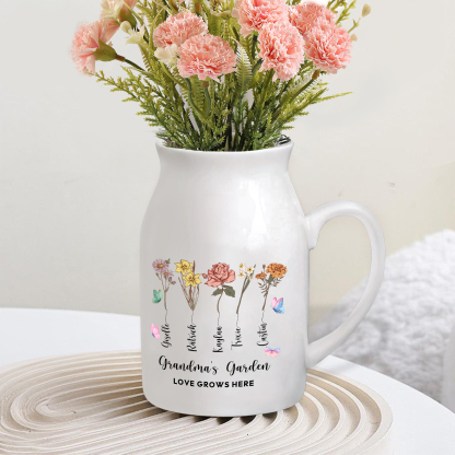 5 Names personalised Vase with Birthday Flowers – Add 5 Names 2 Texts – Ceramic Custom Gift for Mum, Grandma, Family