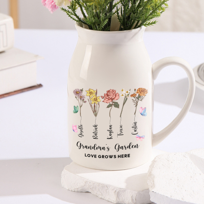 5 Names personalised Vase with Birthday Flowers – Add 5 Names 2 Texts – Ceramic Custom Gift for Mum, Grandma, Family