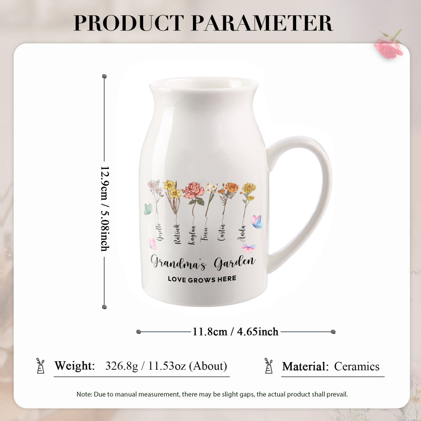 6 Names personalised Vase with Birthday Flowers – Add 6 Names 2 Texts – Ceramic Custom Gift for Mum, Grandma, Family