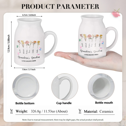 6 Names personalised Vase with Birthday Flowers – Add 6 Names 2 Texts – Ceramic Custom Gift for Mum, Grandma, Family