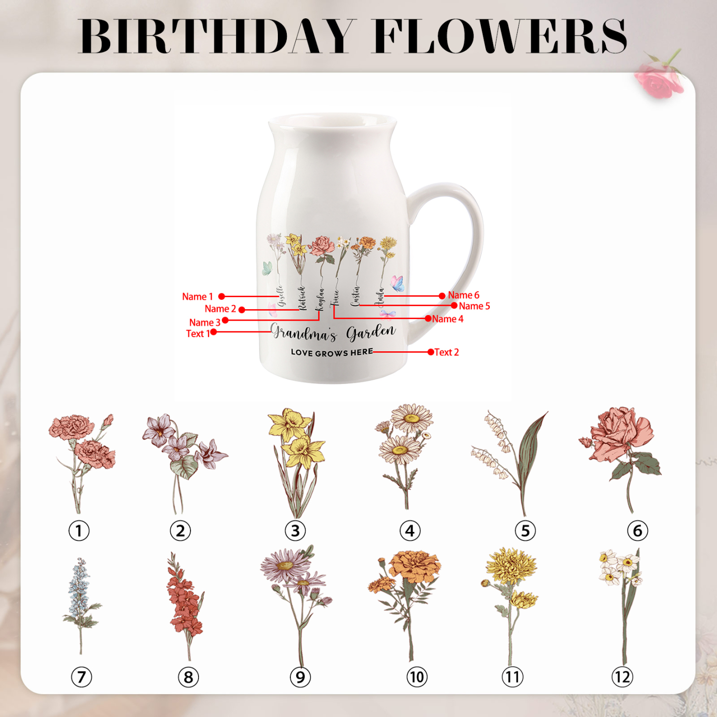 6 Names personalised Vase with Birthday Flowers – Add 6 Names 2 Texts – Ceramic Custom Gift for Mum, Grandma, Family