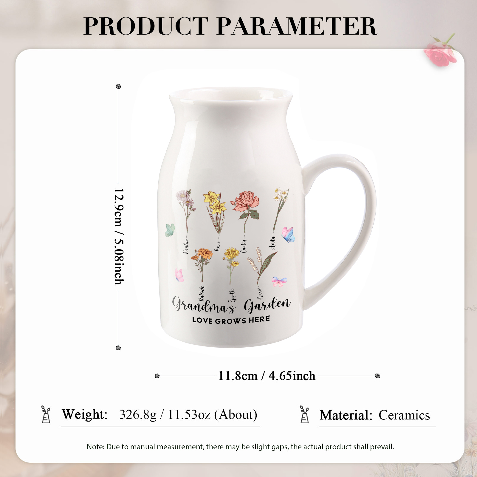 7 Names personalised Vase with Birthday Flowers – Add 7 Names 2 Texts – Ceramic Custom Gift for Mum, Grandma, Family