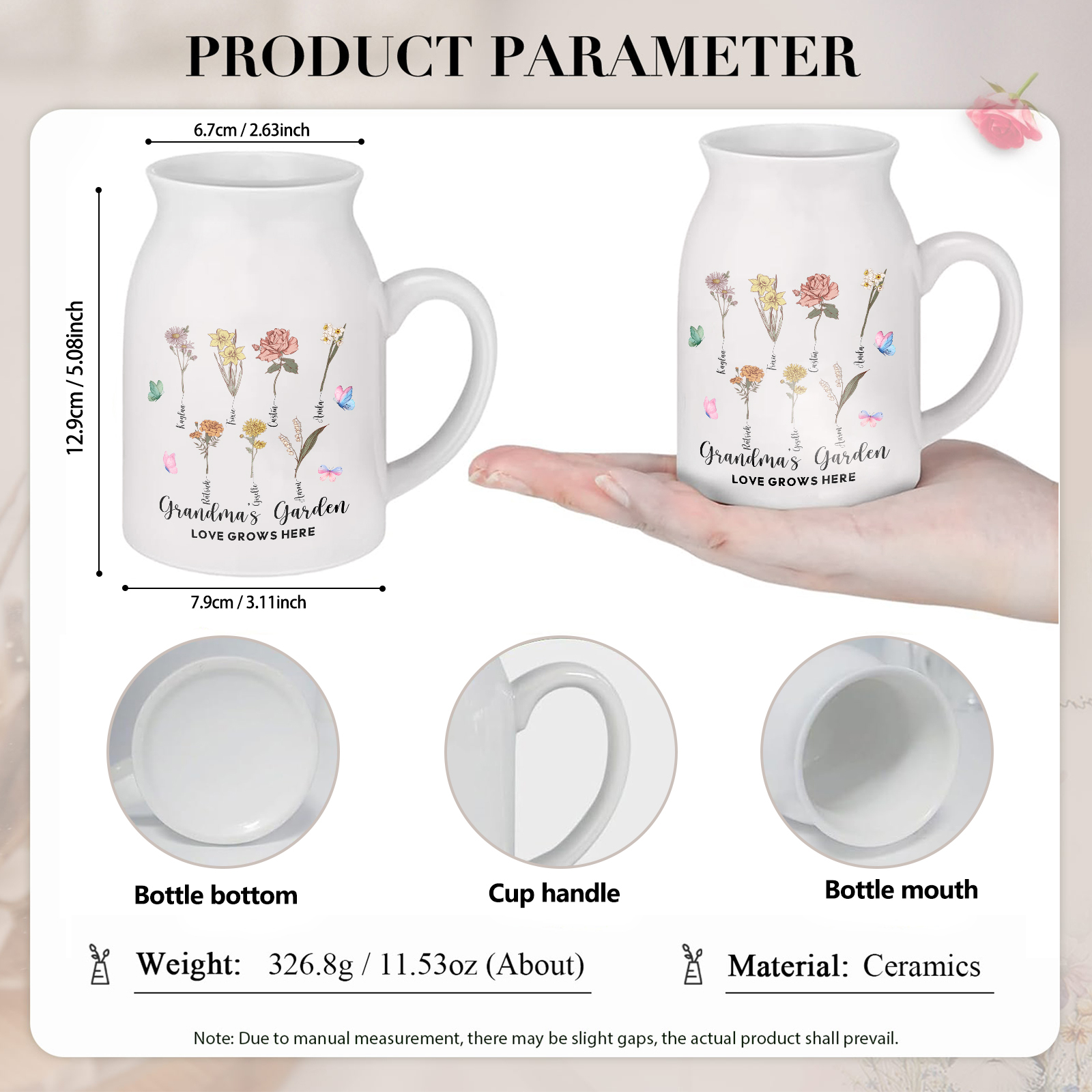 7 Names personalised Vase with Birthday Flowers – Add 7 Names 2 Texts – Ceramic Custom Gift for Mum, Grandma, Family