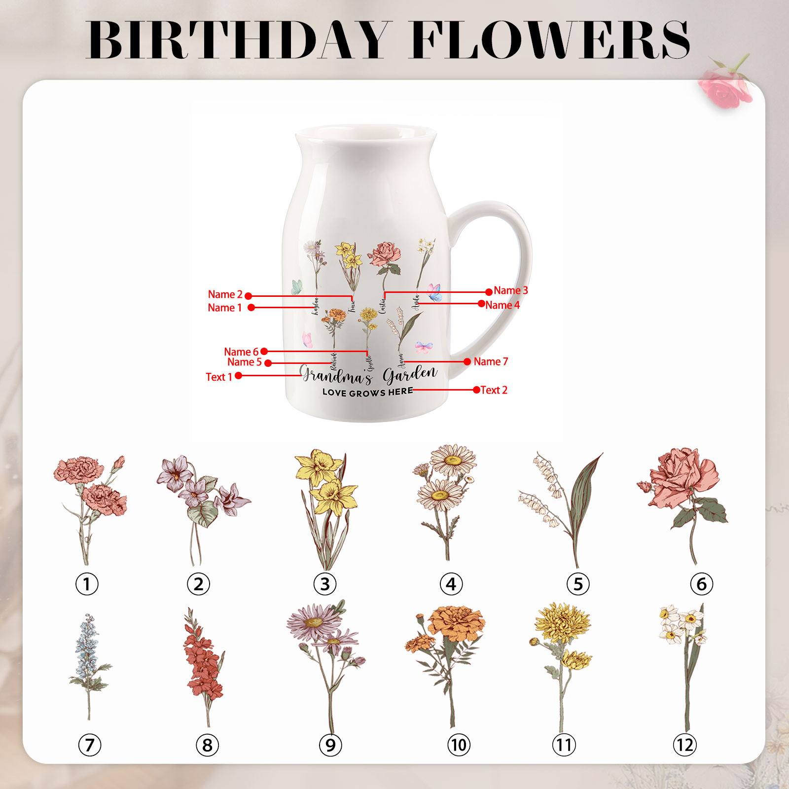 7 Names personalised Vase with Birthday Flowers – Add 7 Names 2 Texts – Ceramic Custom Gift for Mum, Grandma, Family