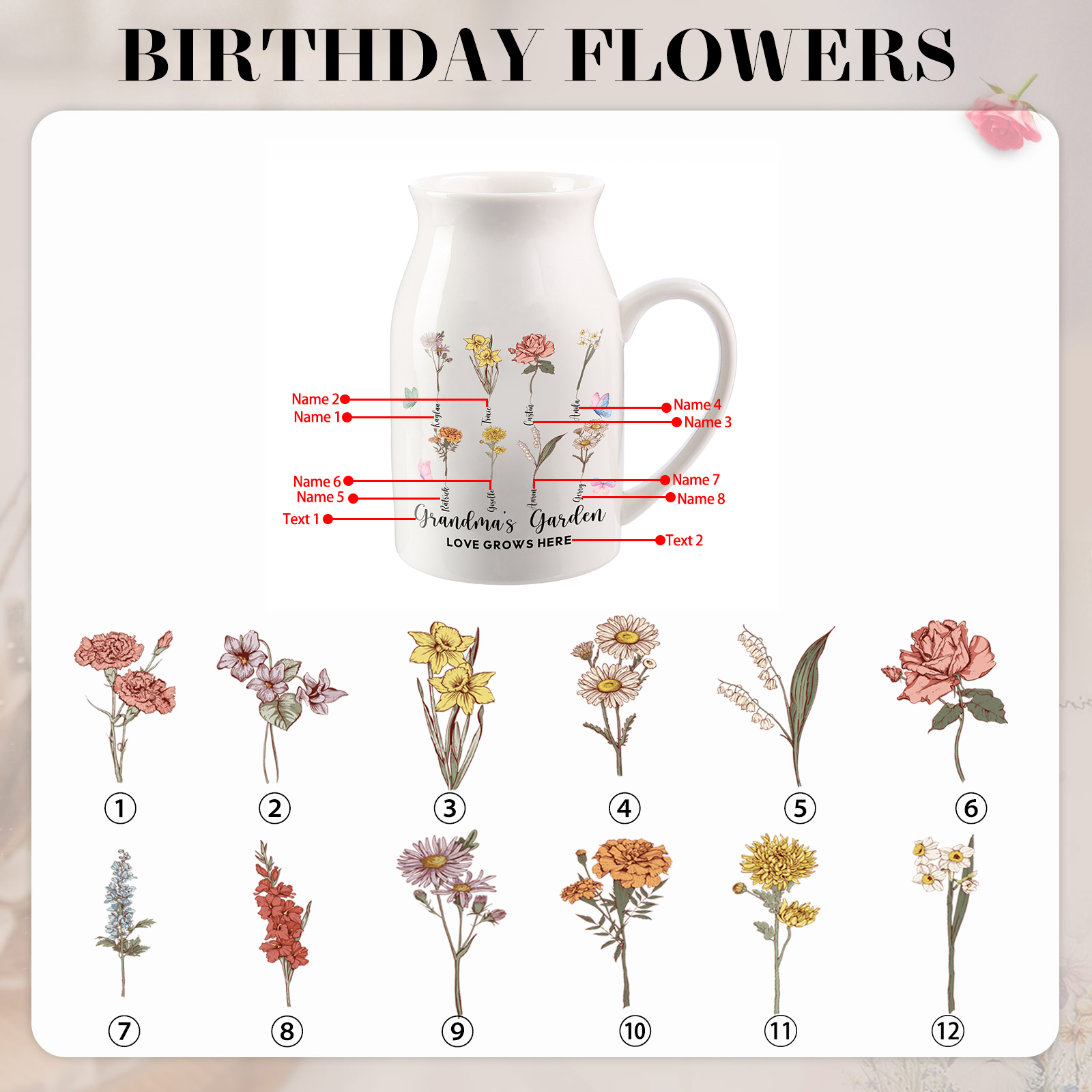 8 Names personalised Vase with Birthday Flowers – Add 8 Names 2 Texts – Ceramic Custom Gift for Mum, Grandma, Family