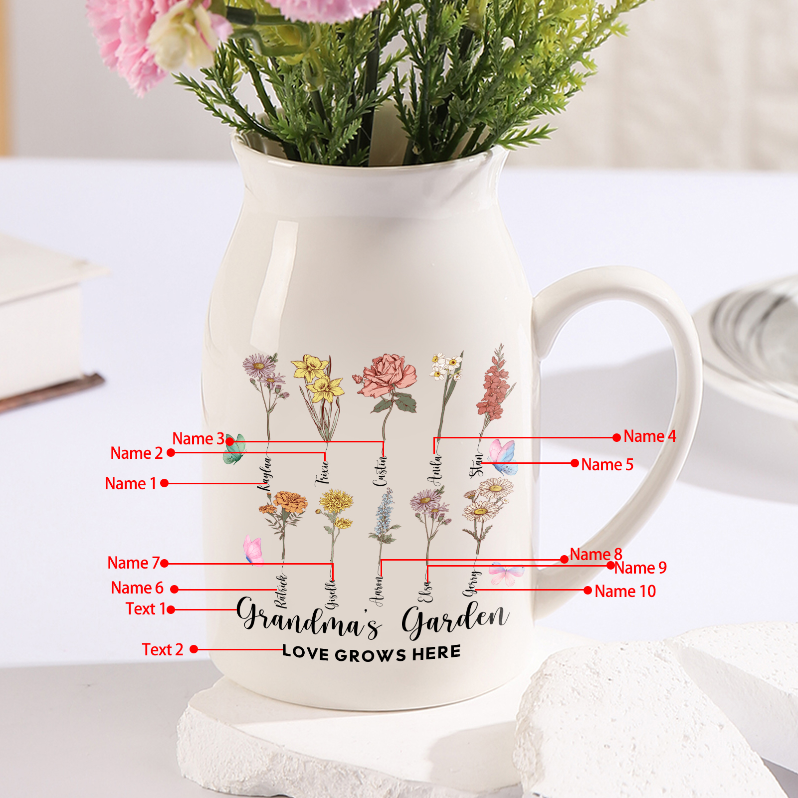 3 Names personalised Vase with Birthday Flowers – Add 3 Names 2 Texts