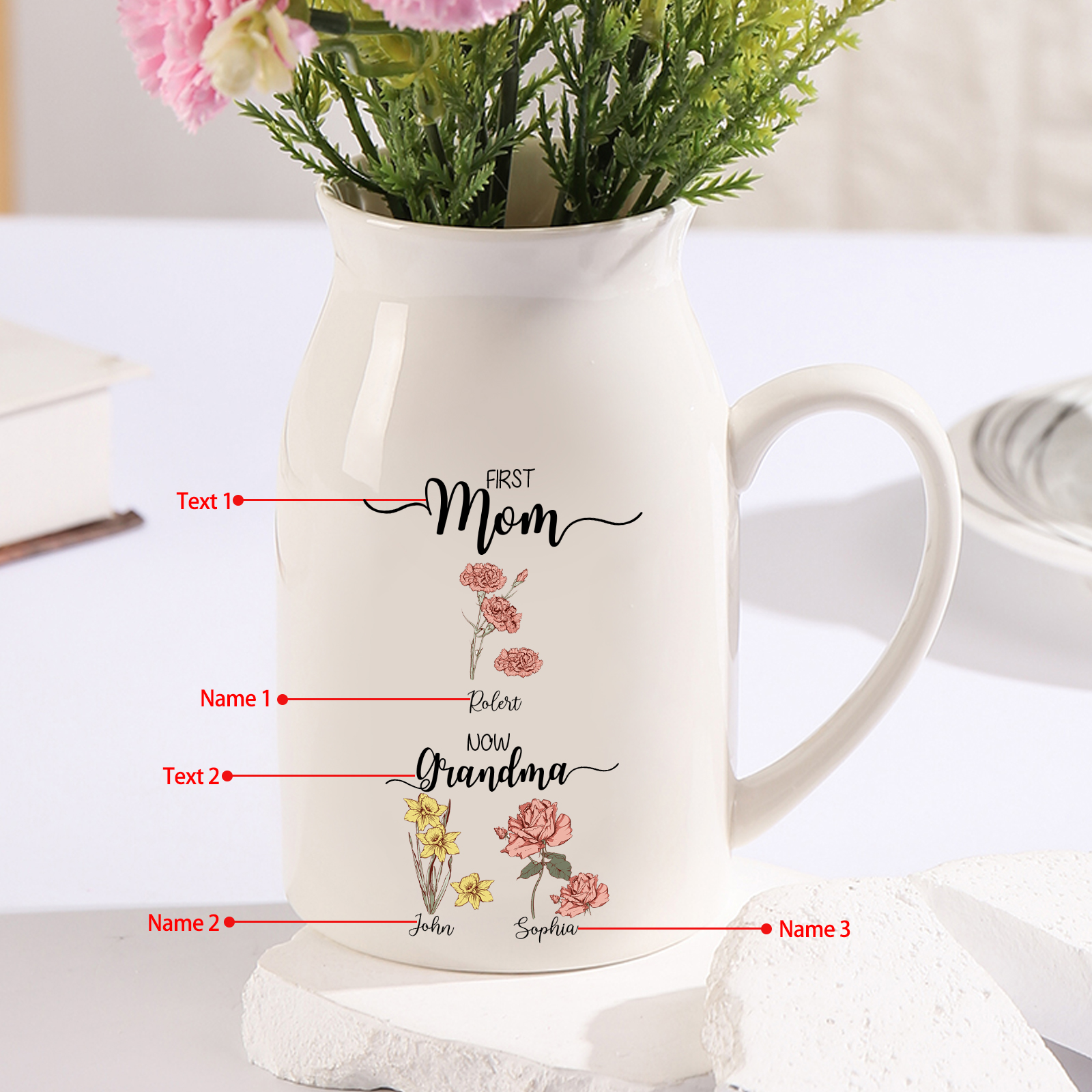 3 Names personalised Vase with Birthday Flowers – Add 3 Names 2 Texts – Ceramic Custom Gift for Mum, Grandma, Family