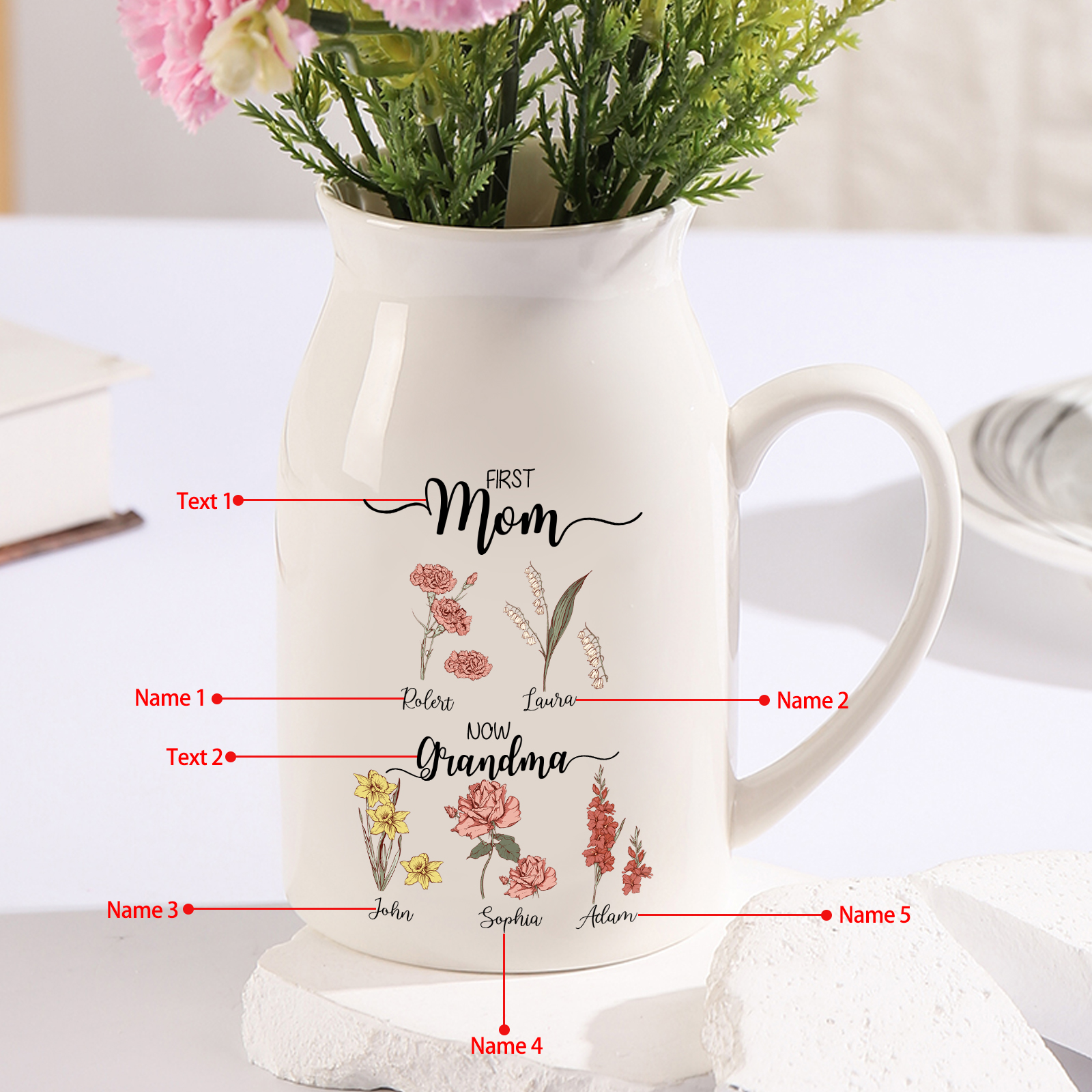 5 Names personalised Vase with Birthday Flowers – Add 5 Names 2 Texts – Ceramic Custom Gift for Mum, Grandma, Family