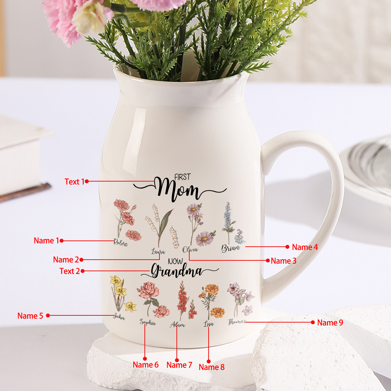 9 Names personalised Vase with Birthday Flowers – Add 9 Names 2 Texts – Ceramic Custom Gift for Mum, Grandma, Family