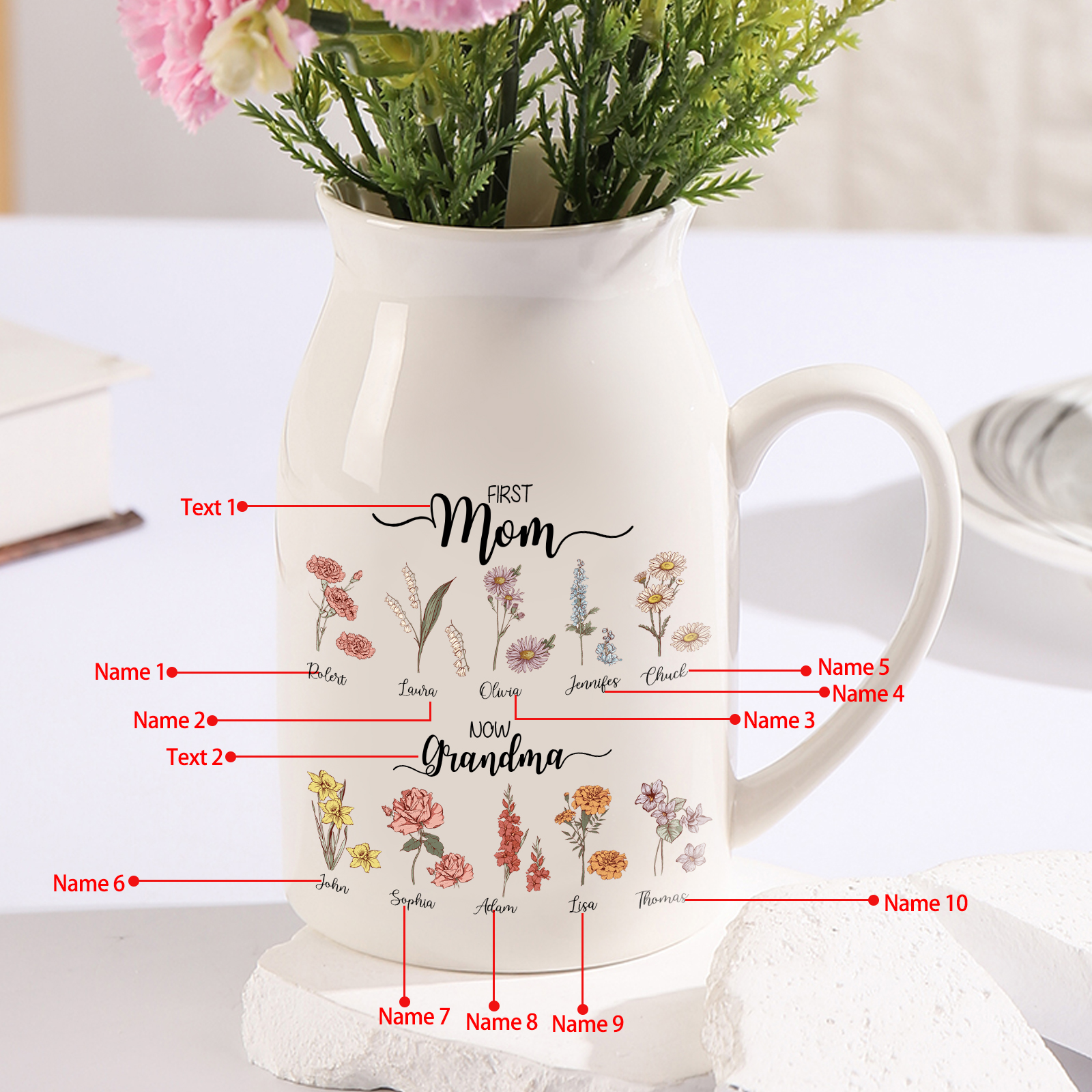 10 Names personalised Vase with Birthday Flowers – Add 10 Names 2 Texts – Ceramic Custom Gift for Mum, Grandma, Family