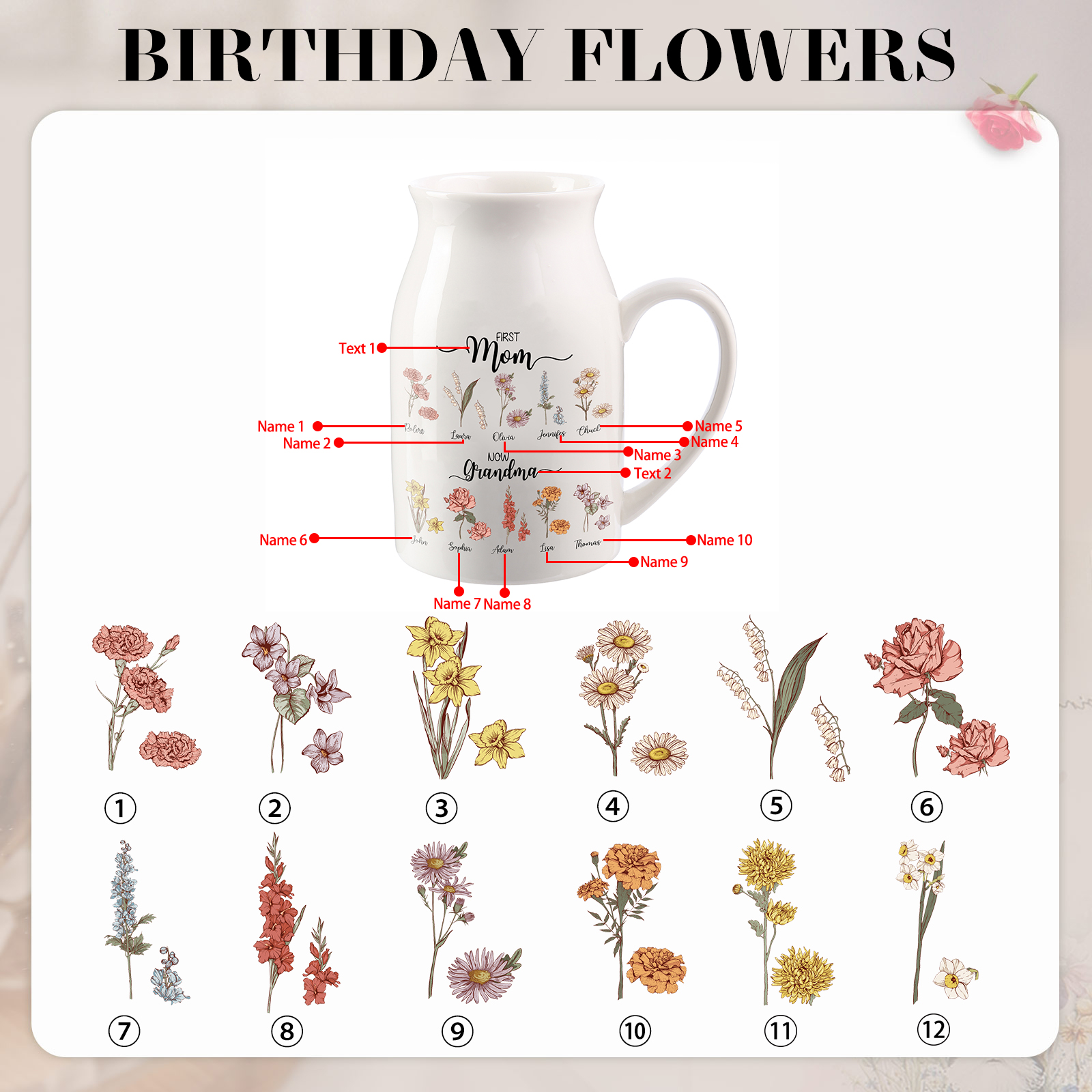 10 Names personalised Vase with Birthday Flowers – Add 10 Names 2 Texts – Ceramic Custom Gift for Mum, Grandma, Family