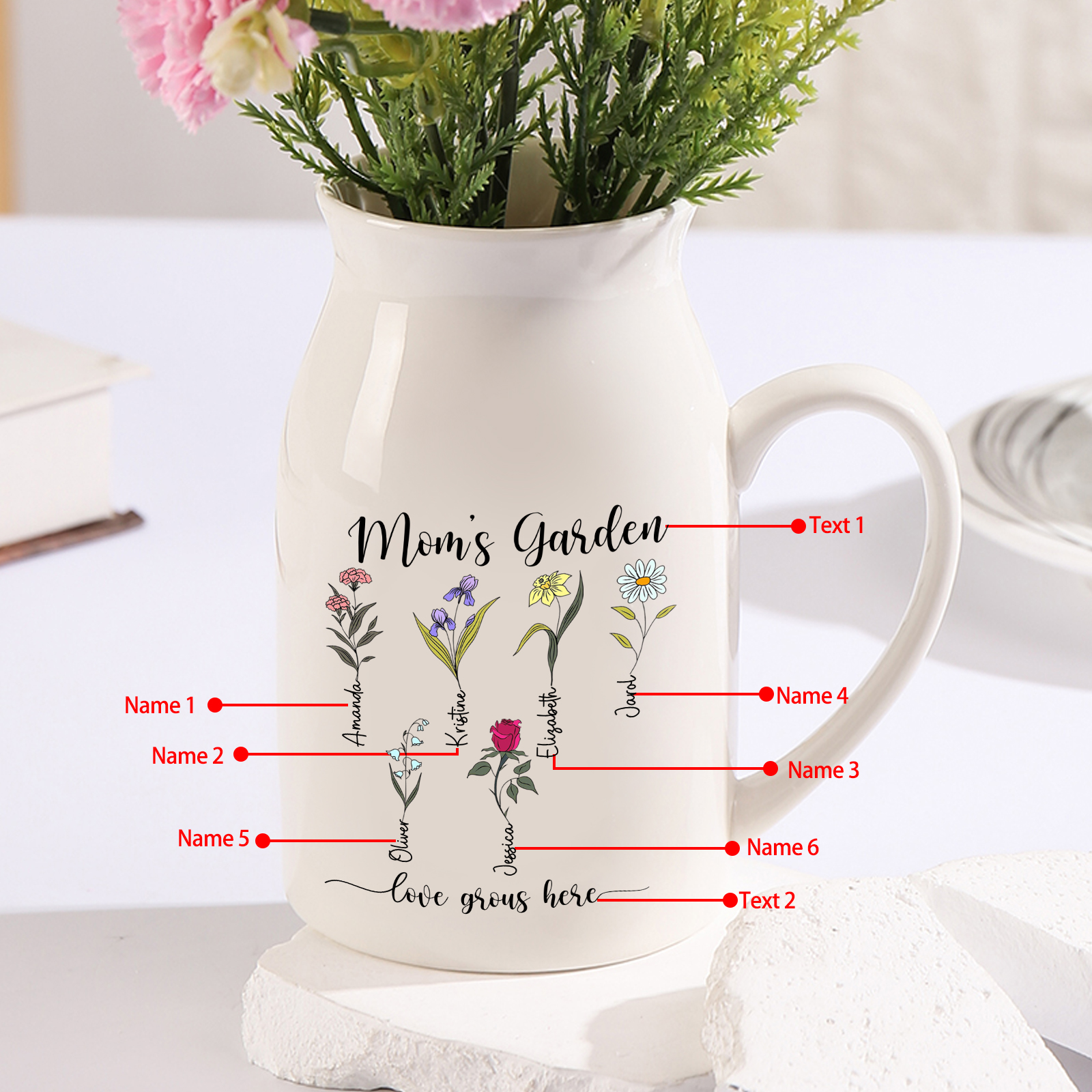 6 Names personalised Vase with Birthday Flowers – Add 6 Names 2 Texts – Ceramic Custom Gift for Mum, Grandma, Family