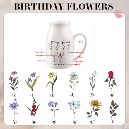 6 Names personalised Vase with Birthday Flowers – Add 6 Names 2 Texts – Ceramic Custom Gift for Mum, Grandma, Family