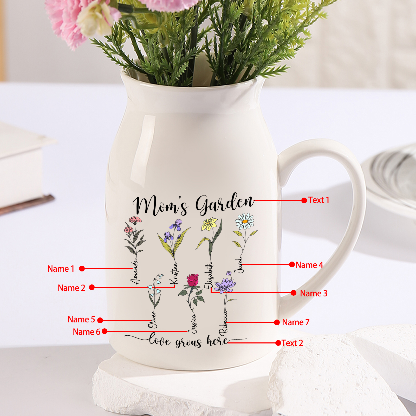 7 Names personalised Vase with Birthday Flowers – Add 7 Names 2 Texts – Ceramic Custom Gift for Mum, Grandma, Family