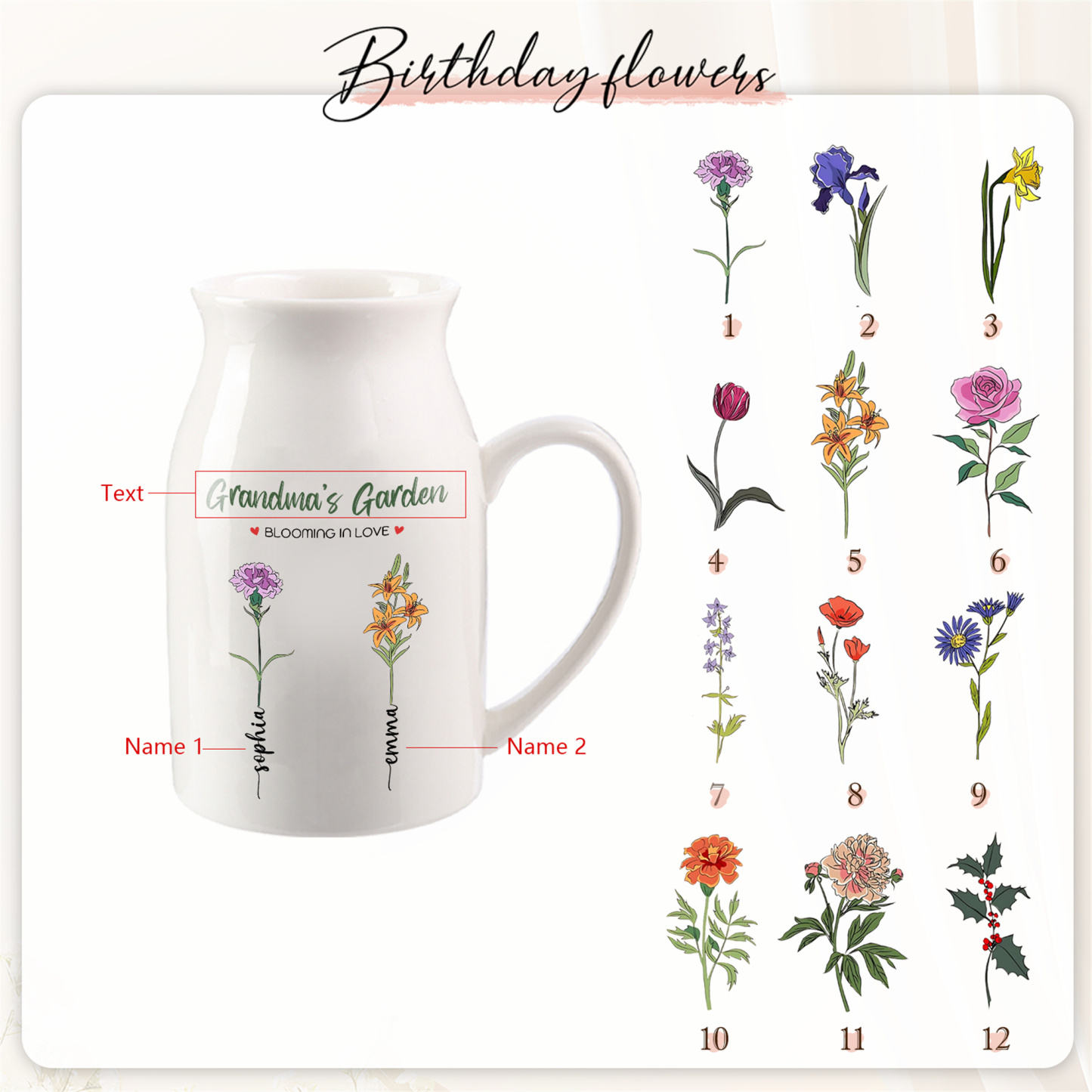 2 Names Personalised Ceramic Birthday Flower Jug Vase – Gift for Mum, Grandma, or Friend | Jessemade