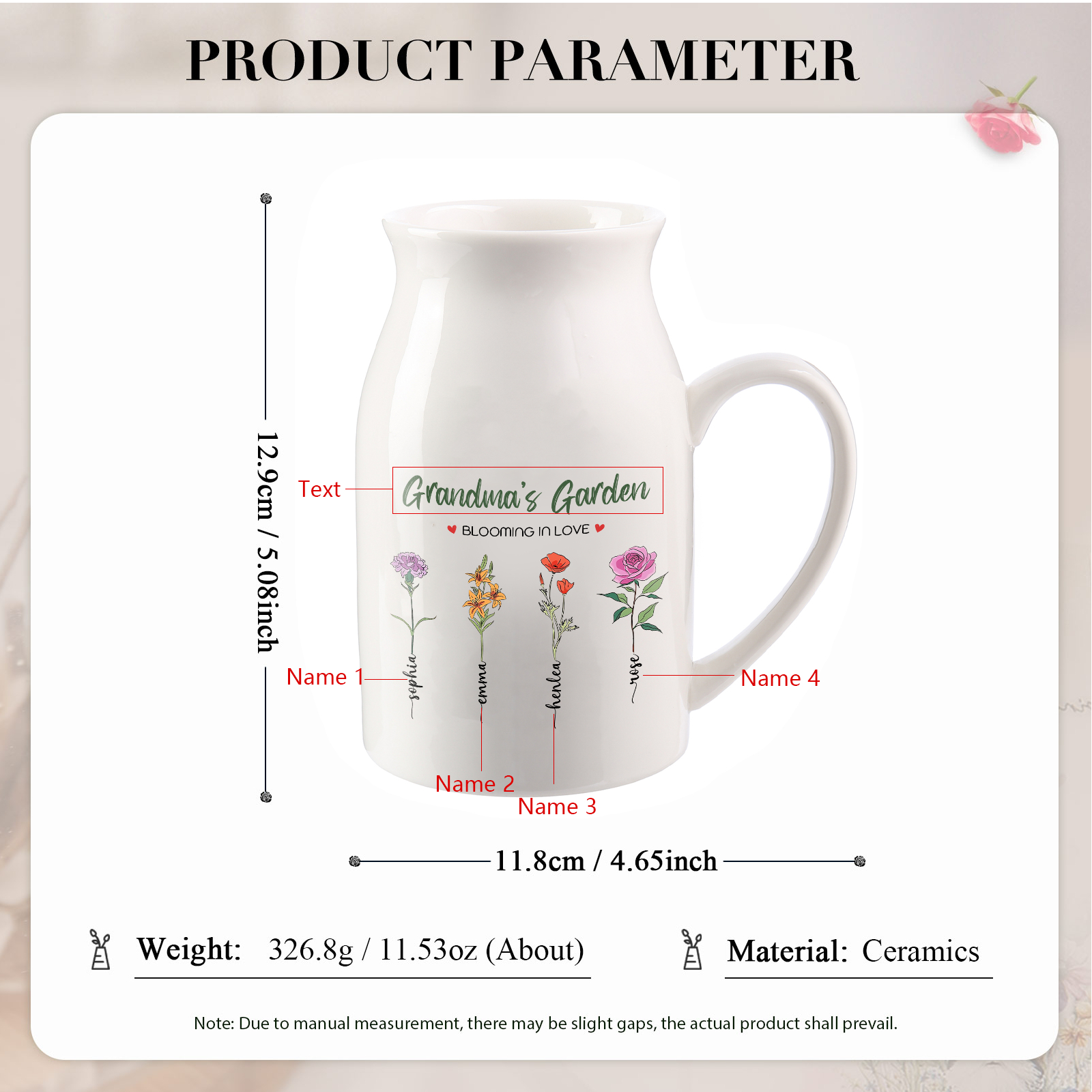 4 Names Personalised Ceramic Birthday Flower Jug Vase – Gift for Mum, Grandma, or Friend | Jessemade