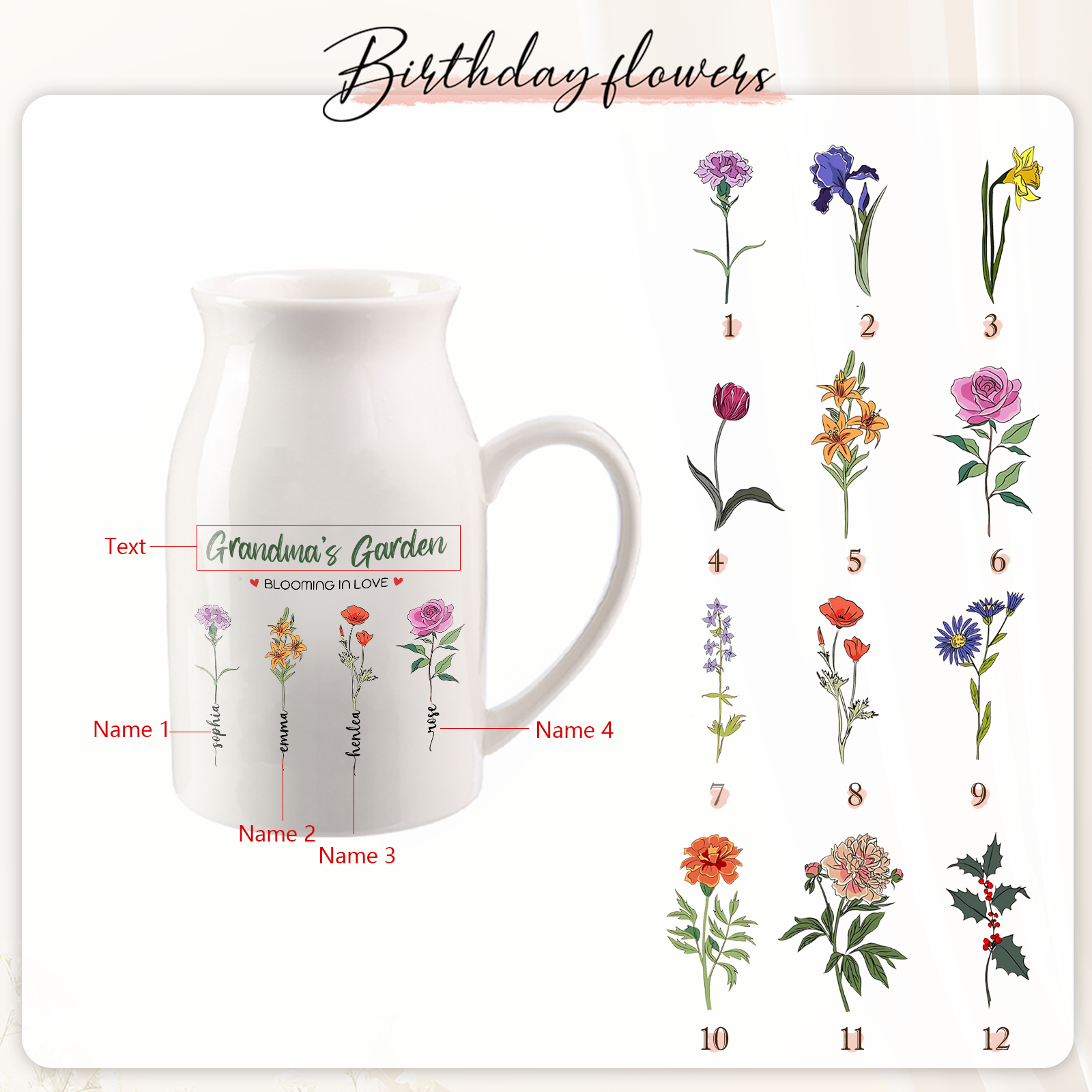 4 Names Personalised Ceramic Birthday Flower Jug Vase – Gift for Mum, Grandma, or Friend | Jessemade