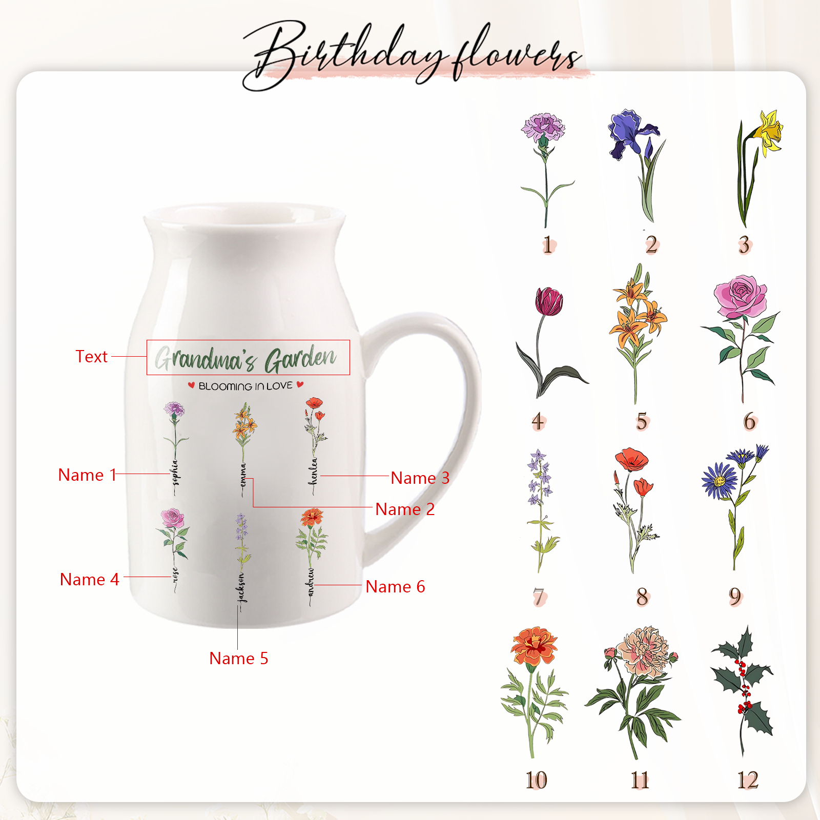 6 Names Personalised Ceramic Birthday Flower Jug Vase – Gift for Mum, Grandma, or Friend | Jessemade