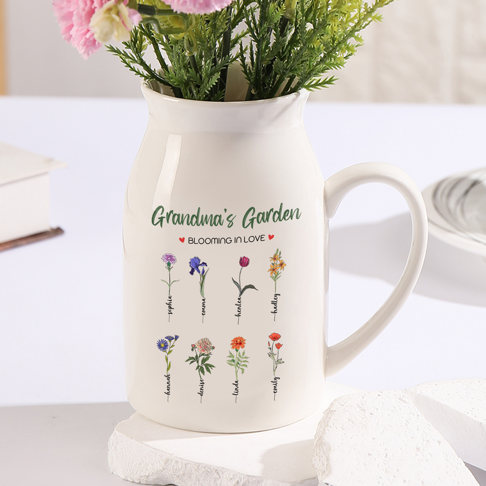 8 Names Personalised Ceramic Birthday Flower Jug Vase – Gift for Mum,