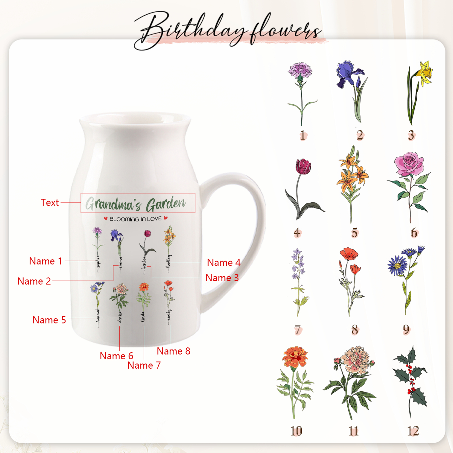 8 Names Personalised Ceramic Birthday Flower Jug Vase – Gift for Mum, Grandma, or Friend | Jessemade